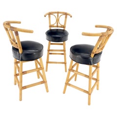 Vintage Set of 3 Black Vinyl Upholstery Bamboo Bar Stools Mid Century Modern MINT