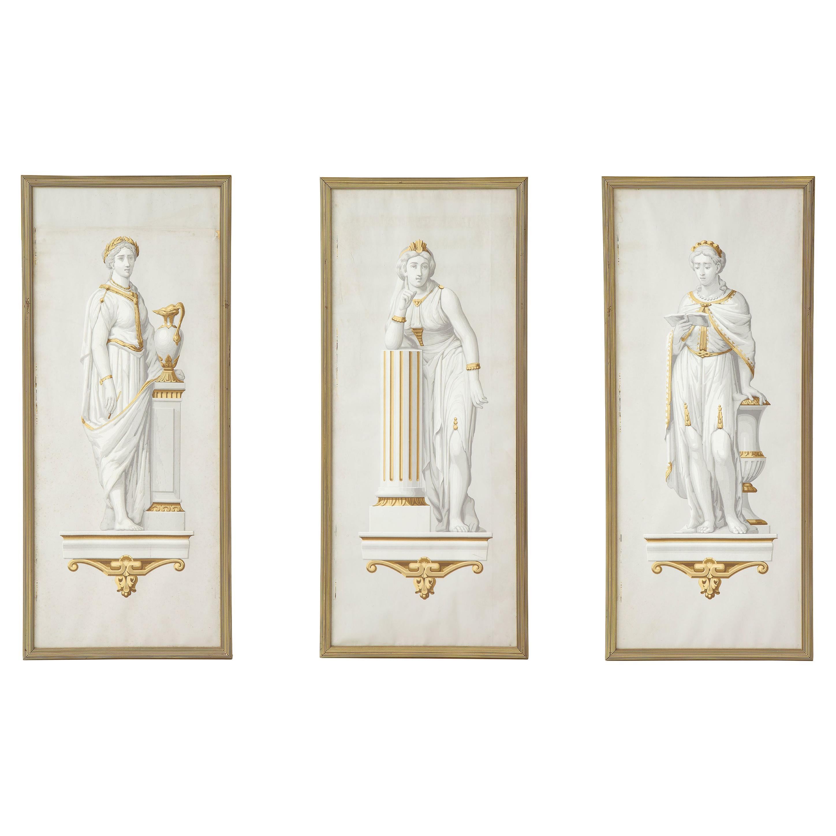 Set of 3 Block Prints on Paper, Attributed to Delicourt For Sale
