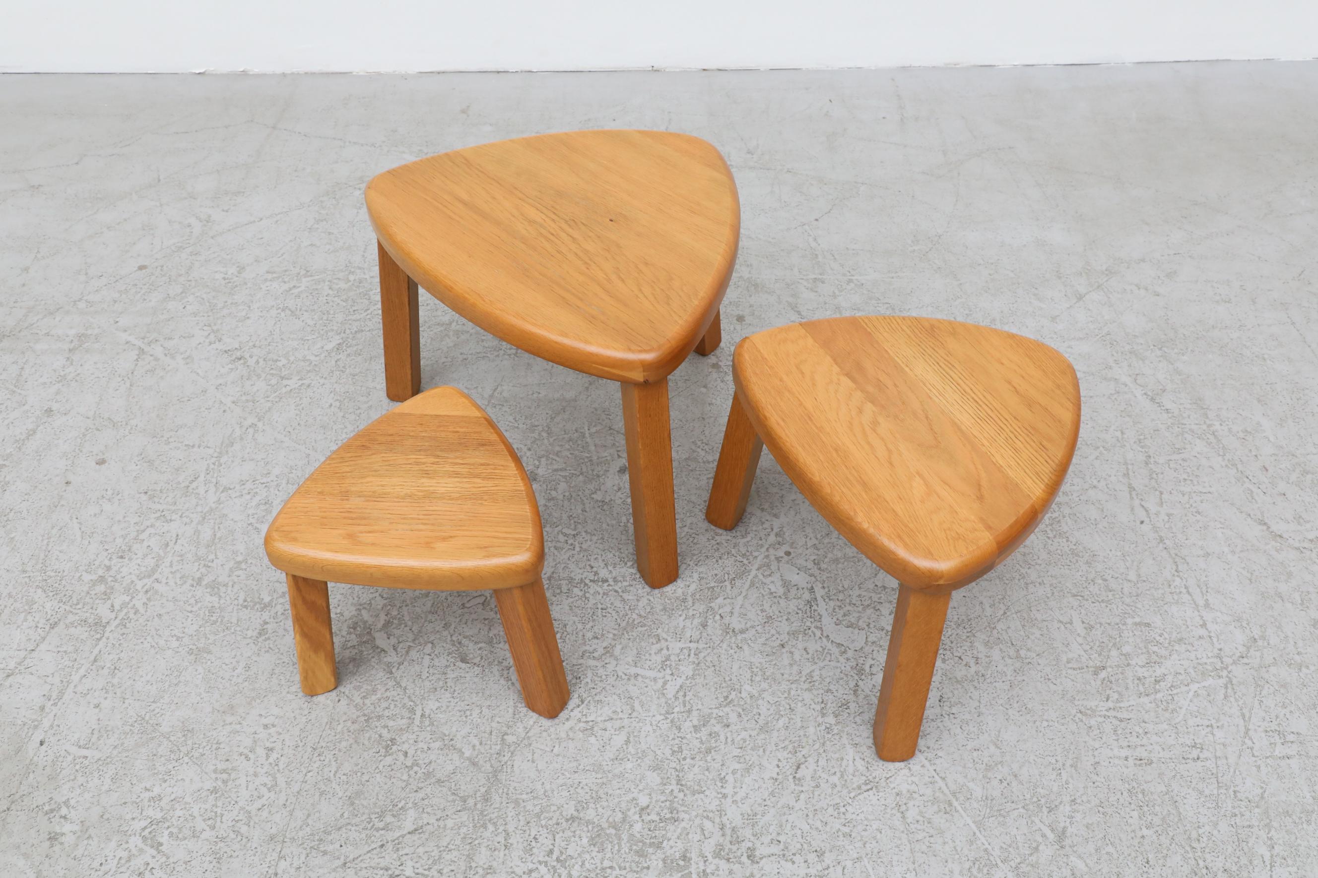 Set of 3 Blonde Pierre Chapo Style Brutalist Triangle Nesting Tables 3