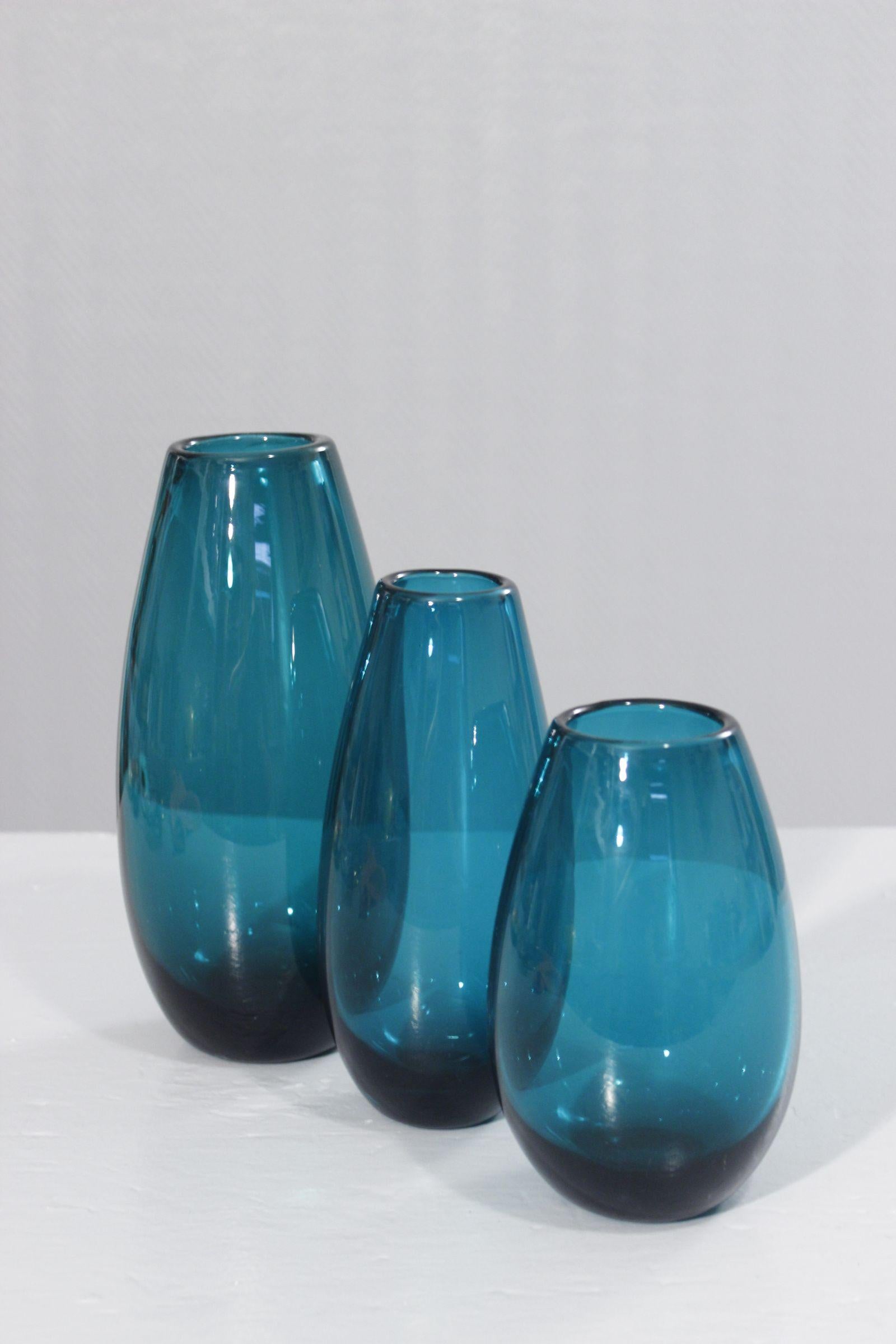 Glass Set of 3 blown glass vases by Karl Friedrich, Germany 1960s For Sale