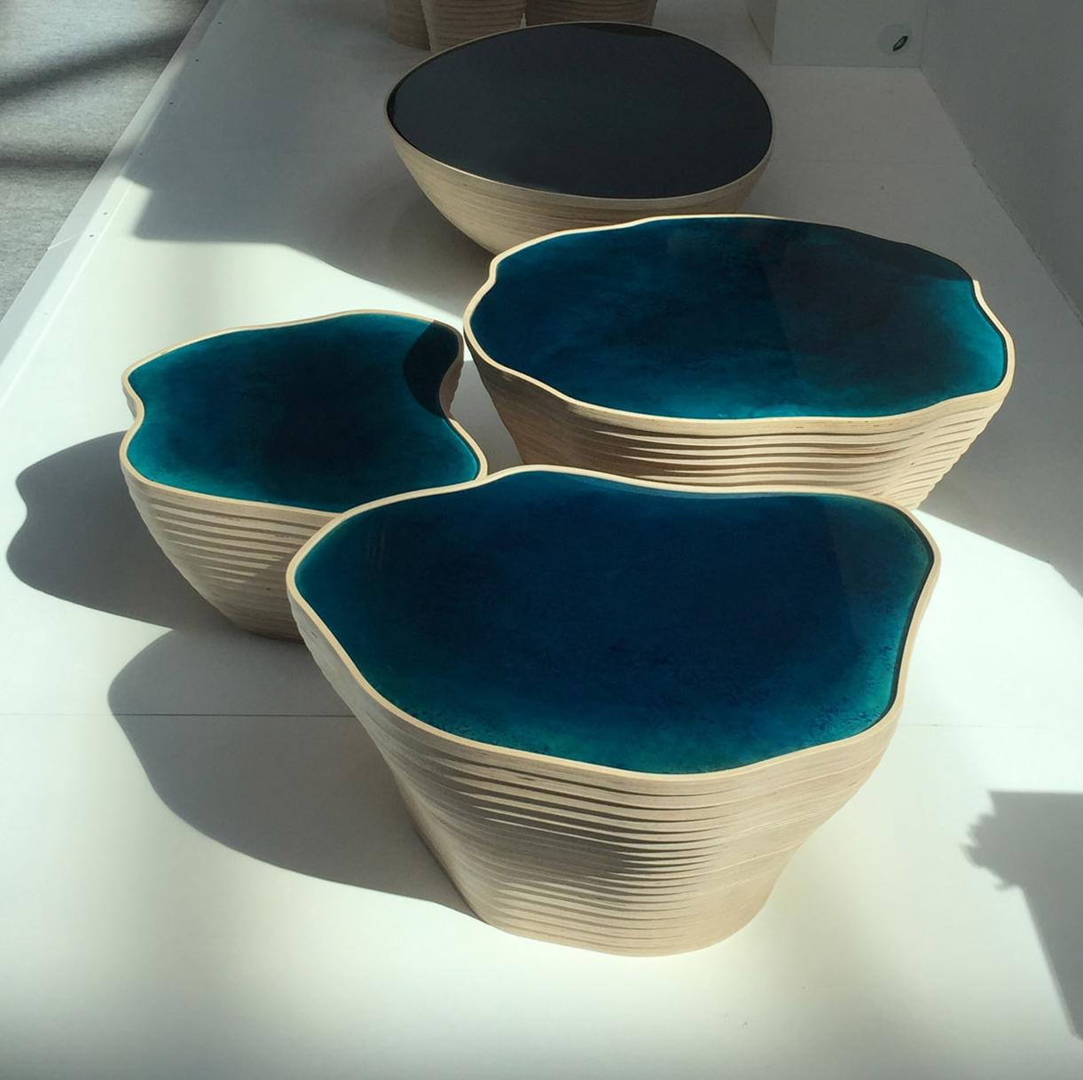 French Set of 3 Blue Coffee Designer's Tables, France, 2018