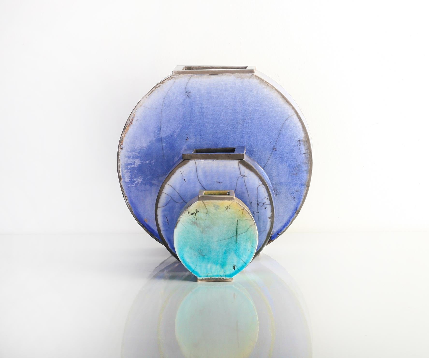 Modern Set of 3 Blue Vases by Doa Ceramics For Sale