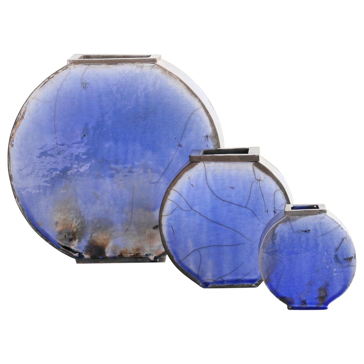 Set of 3 Blue Vases by Doa Ceramics For Sale