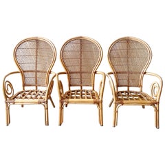 Set of 3 Boho Chic Rattan Balloon Back Swirl Armchairs