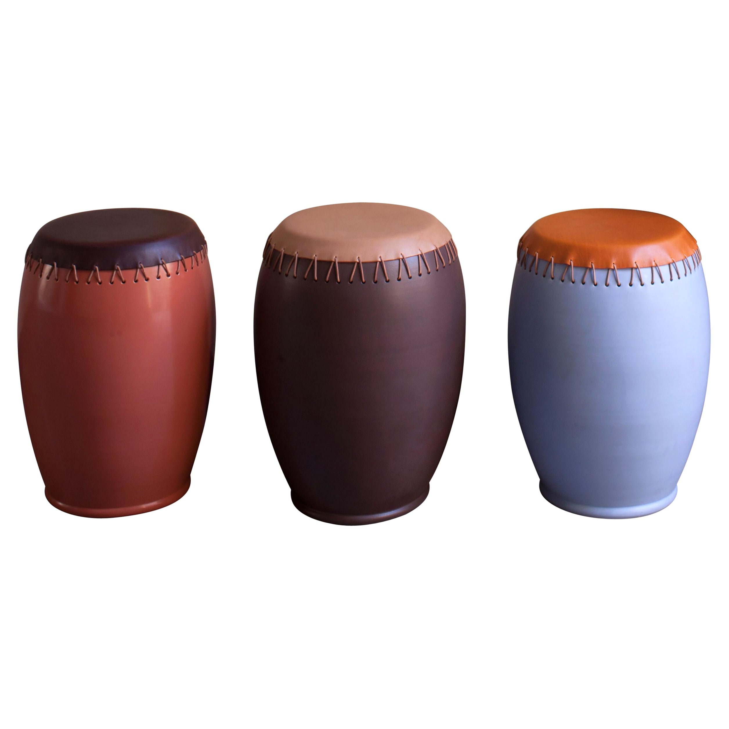 Set of 3 Bombo Leather Side Tables by Nestor Perkal For Sale