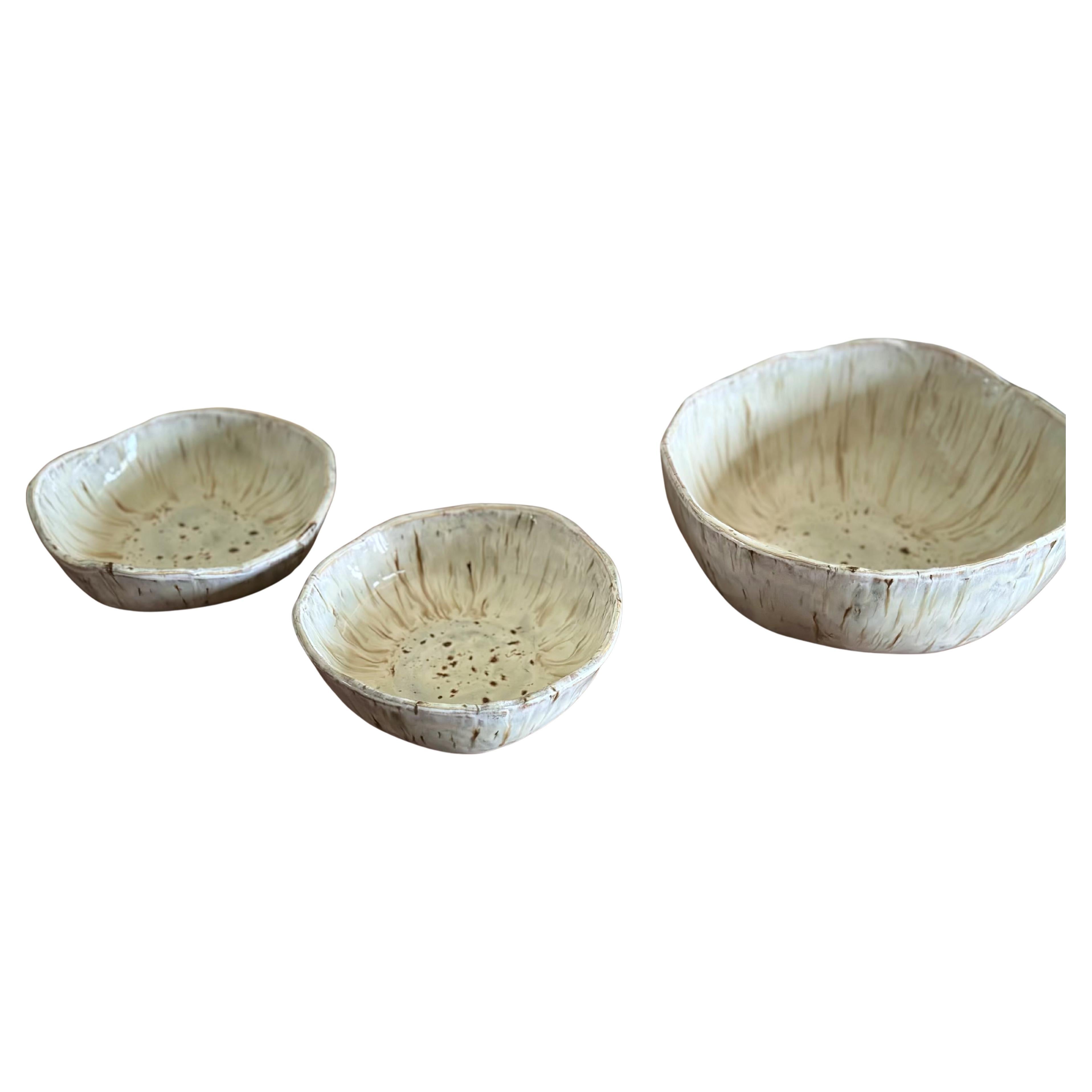Ensemble de 3 bols (Aspen Bark Collection ceramics), grès émaux brillants crème