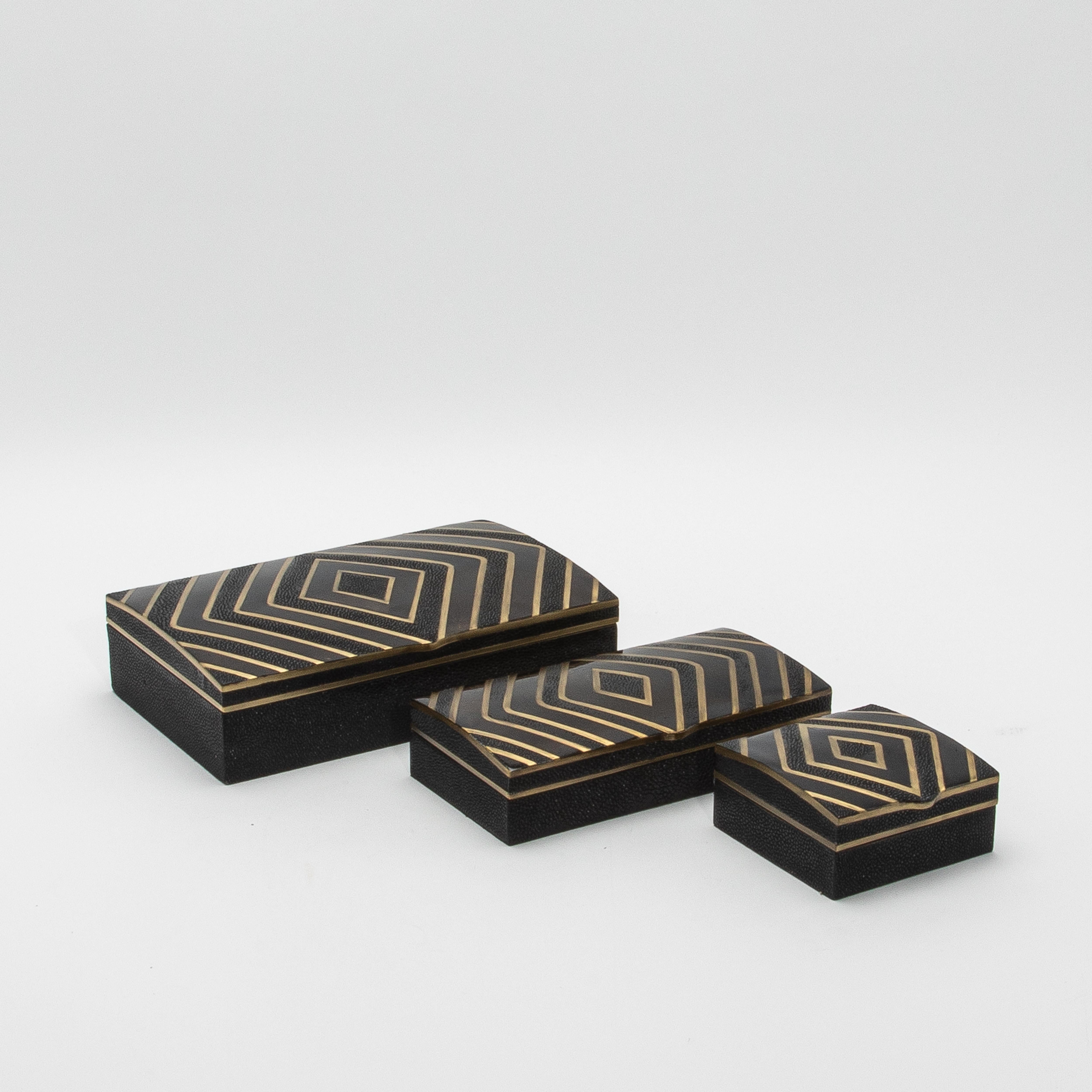 Set of 3 Boxes in Black Oak with Black Shell and Brass Details by R&Y Augousti For Sale 3
