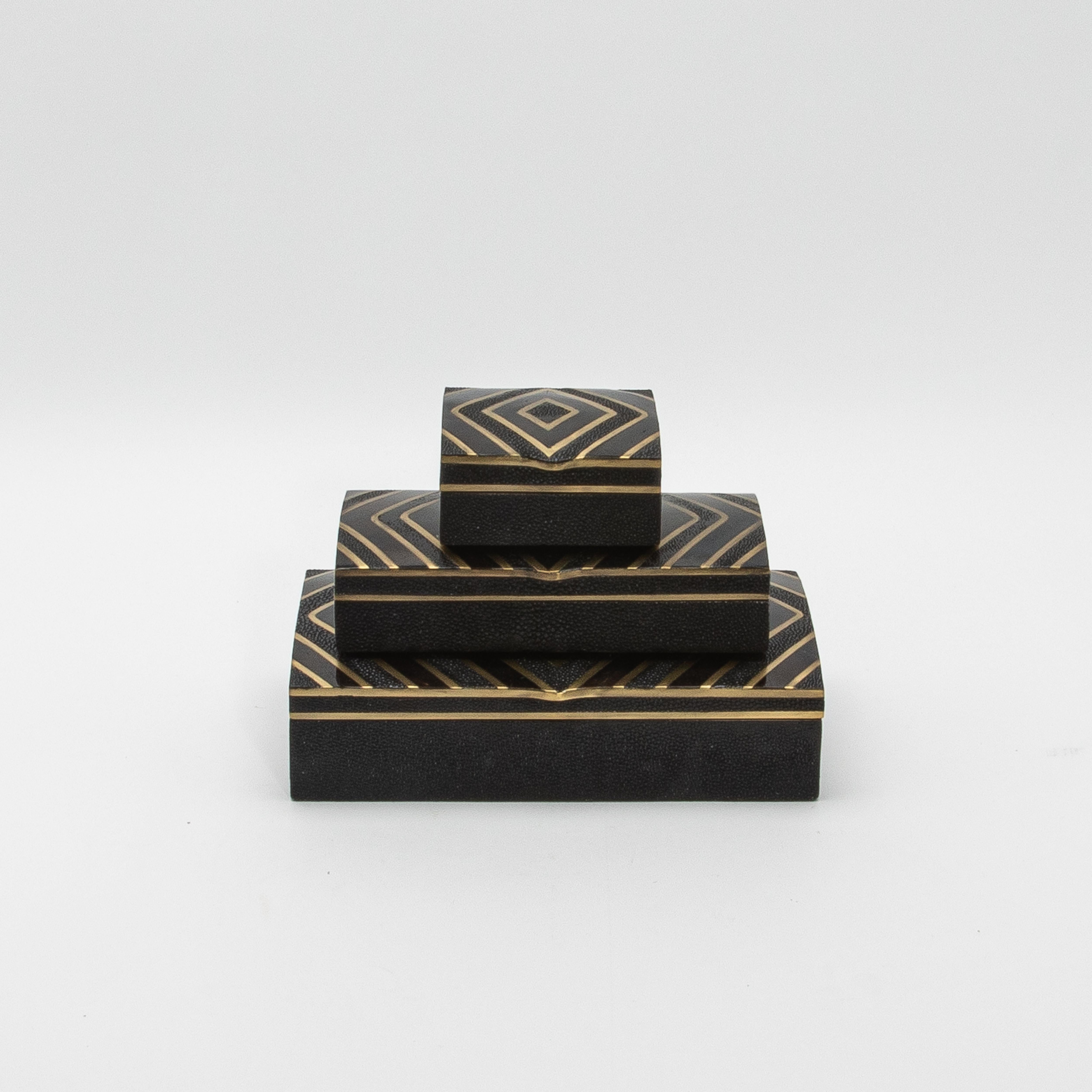 Set of 3 Boxes in Black Oak with Black Shell and Brass Details by R&Y Augousti For Sale 5