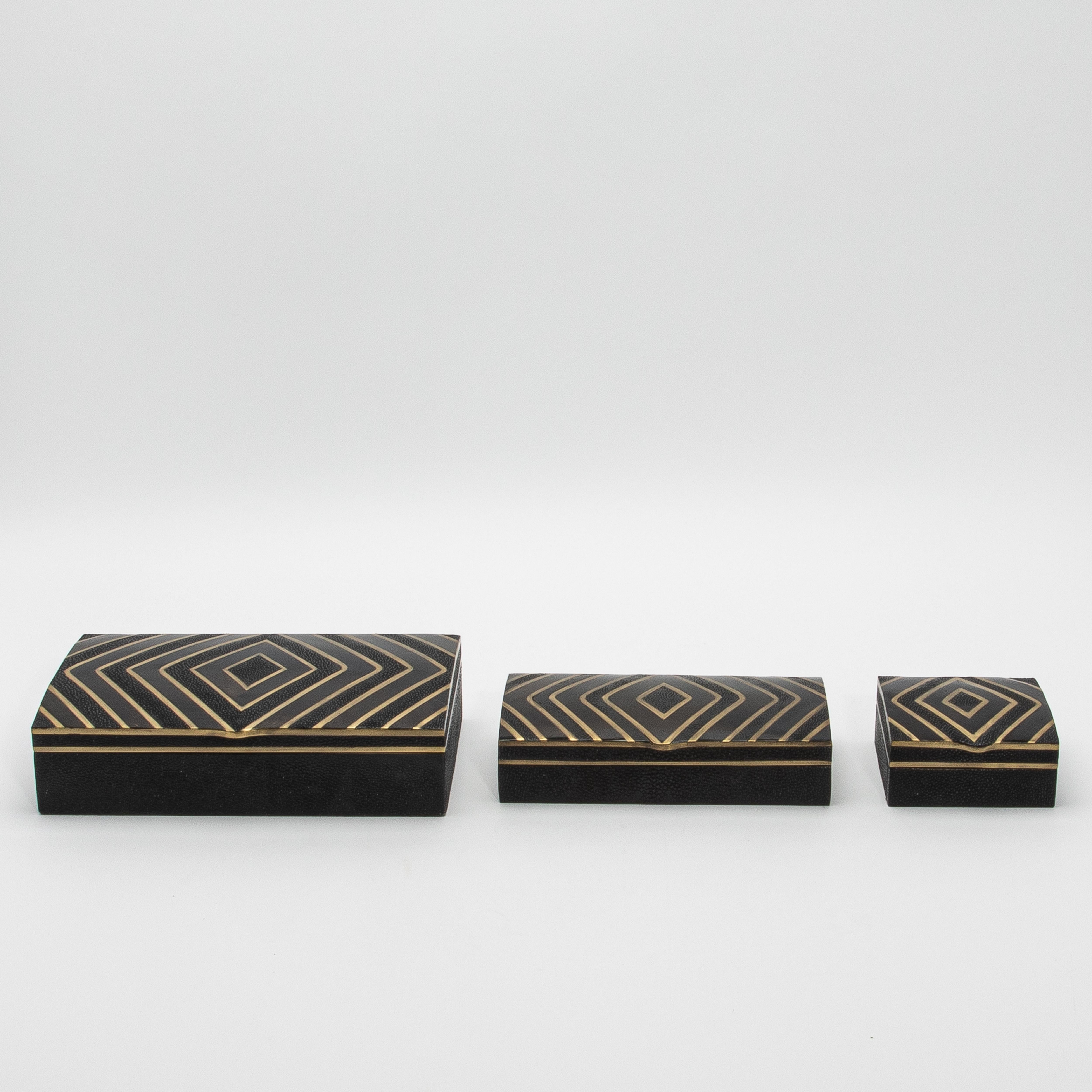 Set of 3 Boxes in Black Oak with Black Shell and Brass Details by R&Y Augousti For Sale 2
