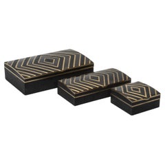 Set of 3 Boxes in Black Oak with Black Shell and Brass Details by R&Y Augousti
