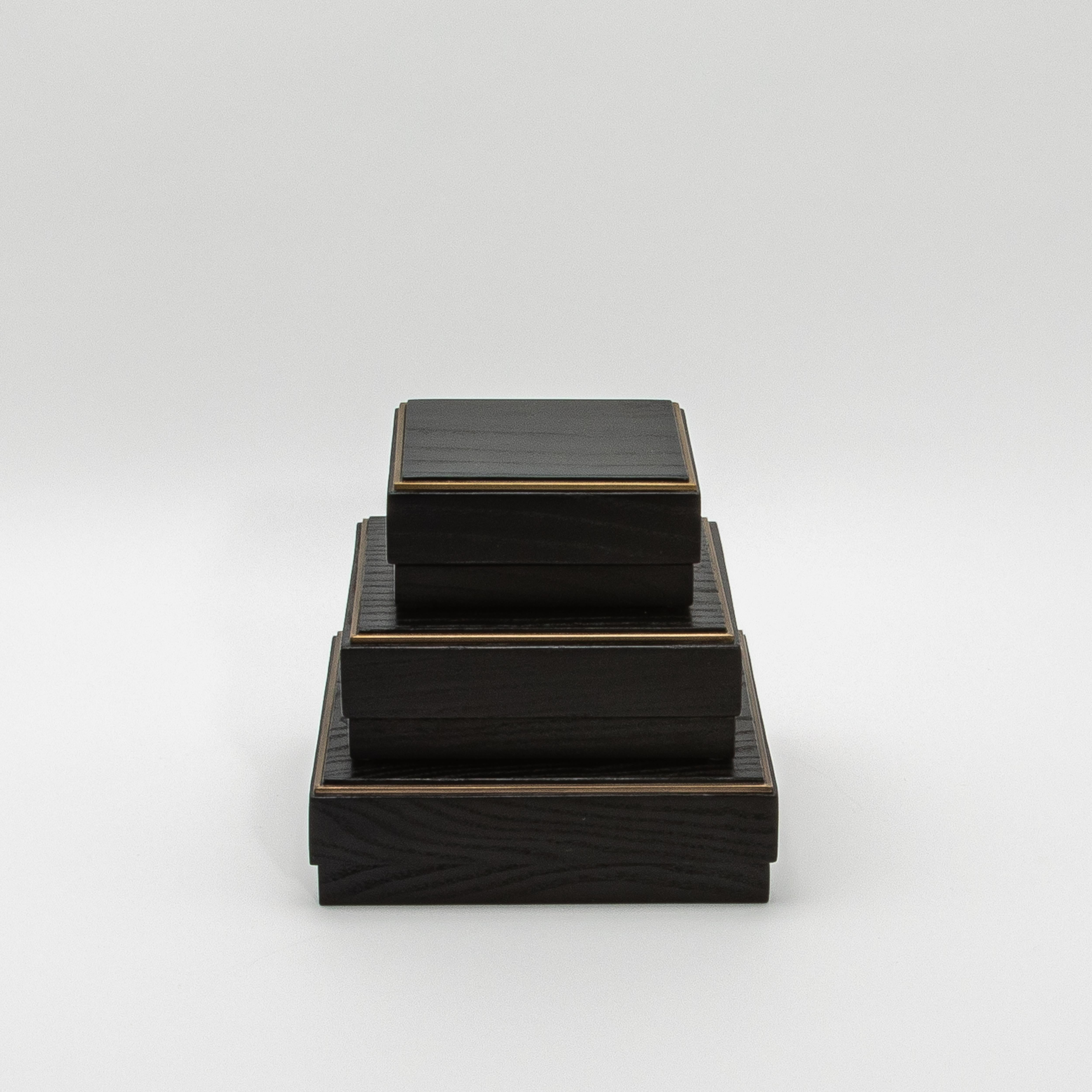 The set of three square boxes in black oak with a brass frame by R&Y Augousti presents a refined yet minimalist design that exudes modern luxury. The rich black oak wood is meticulously handcrafted, showcasing the natural grain of the wood for a