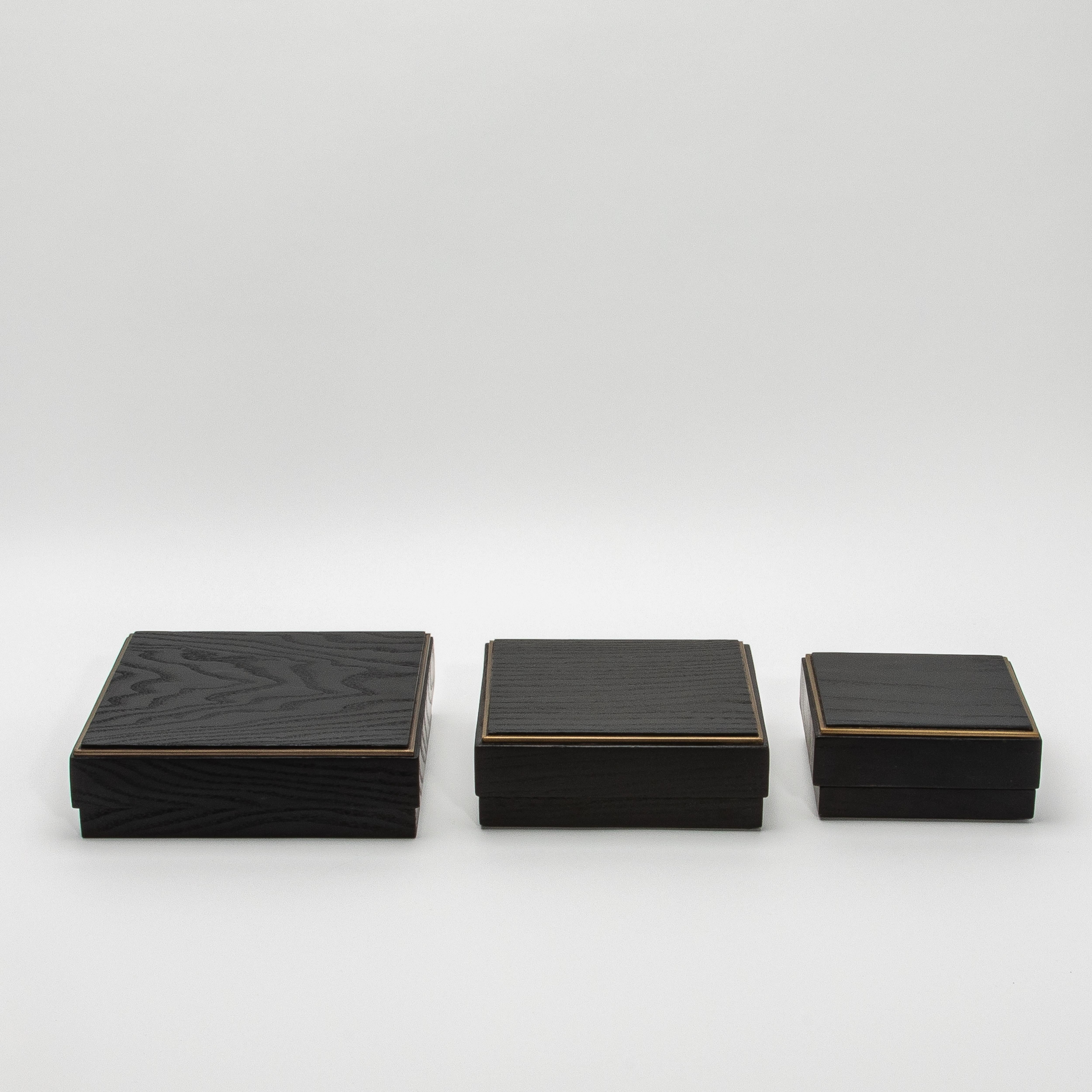 Art Deco Set of 3 Boxes in Black Oak with Brass Frame by R&Y Augousti For Sale