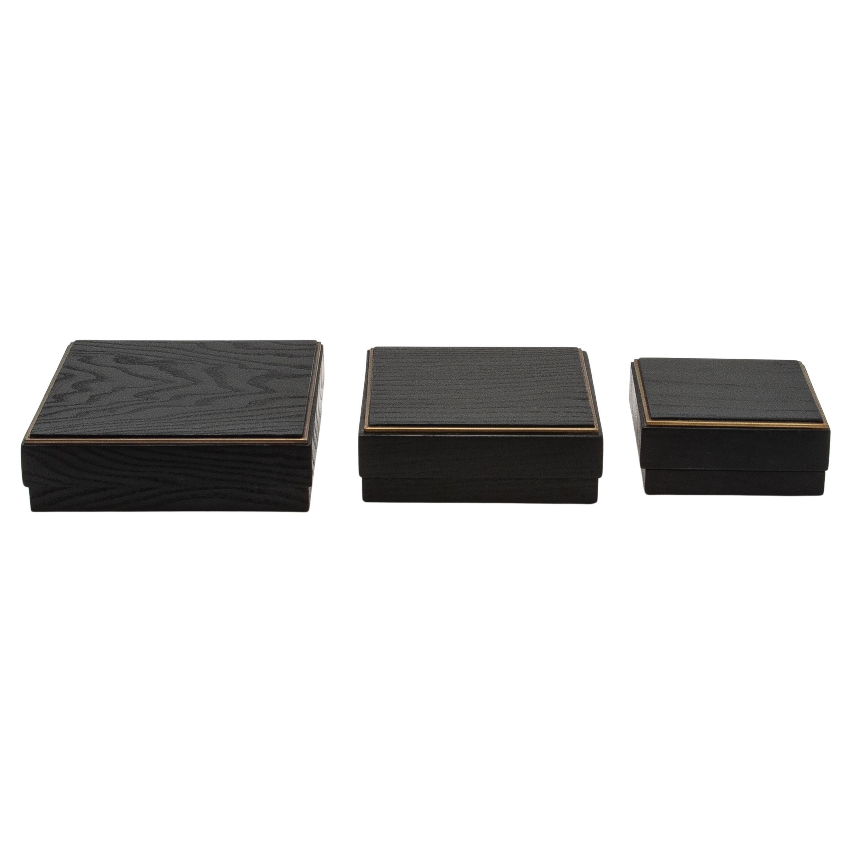 Set von 3 Schachteln aus schwarzer Eiche mit Messingrahmen von R&Y Augousti
