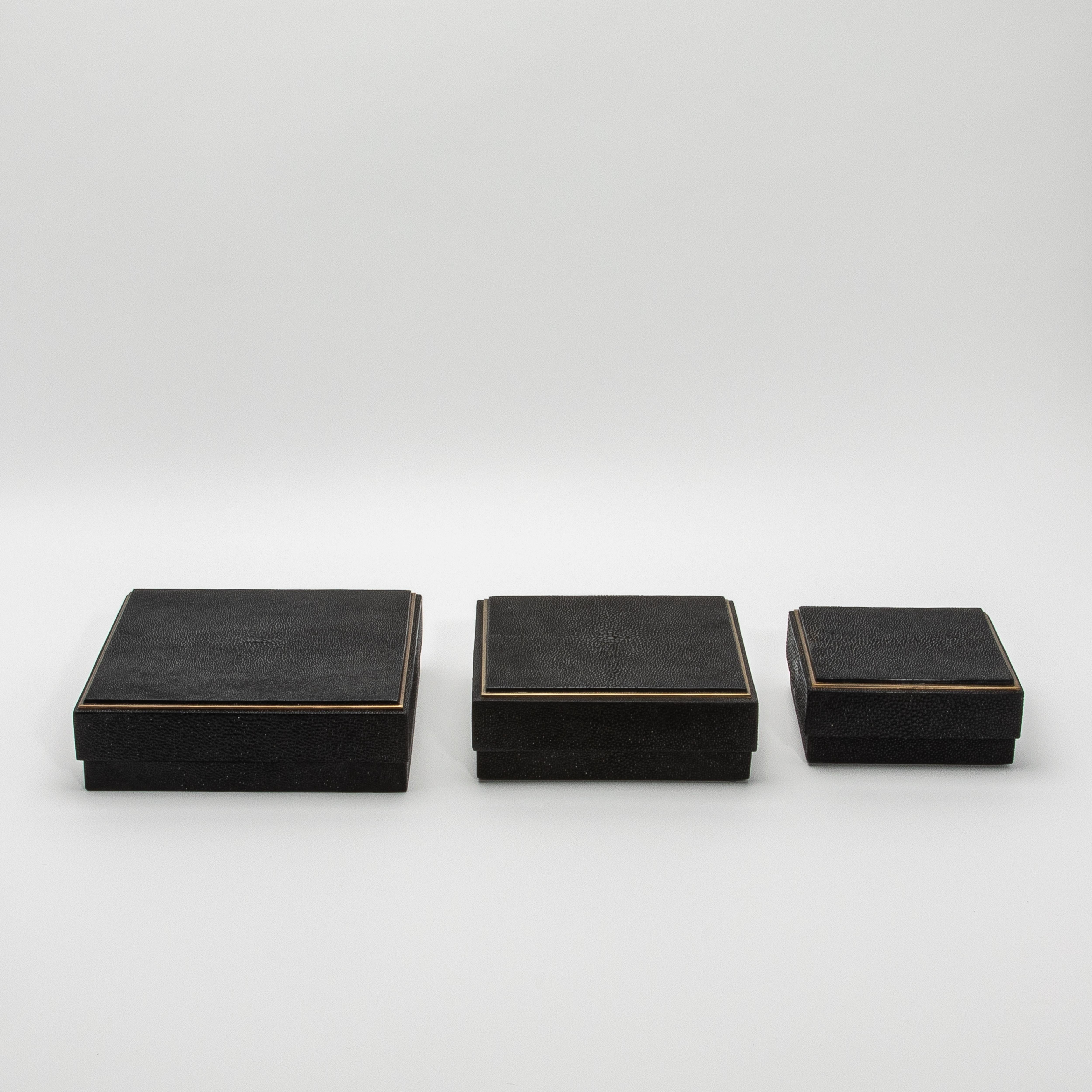 Art Deco Set of 3 Boxes in Black Shagreen with Brass Frame by R&Y Augousti For Sale