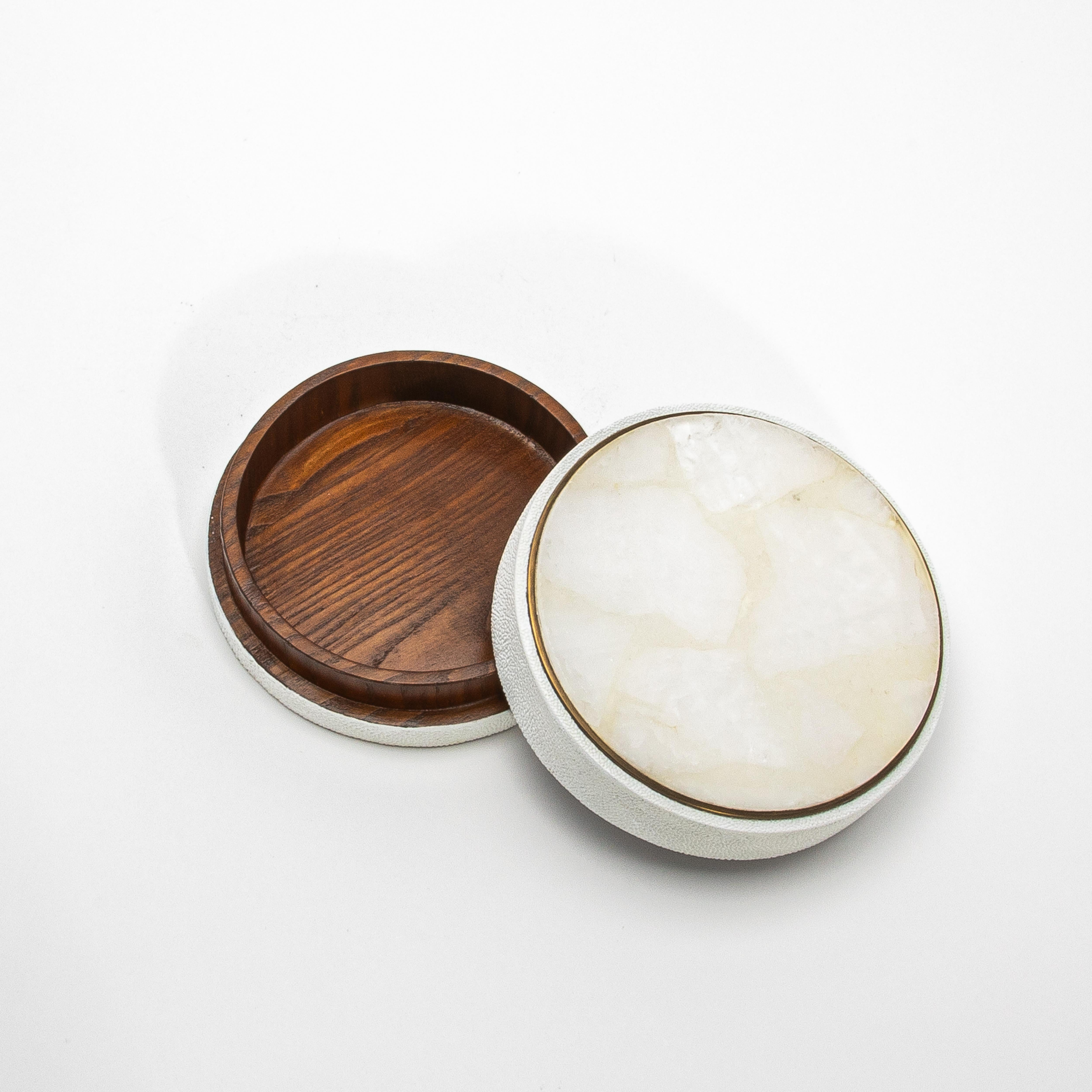 Hand-Crafted Set of 3 Boxes in Shagreen and White Quartz with Brass Frame by R&Y Augousti For Sale