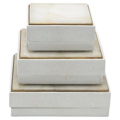 Juego de 3 cajas de piel de zapa blanca y cuarzo con marco de latón by R&Y Augousti