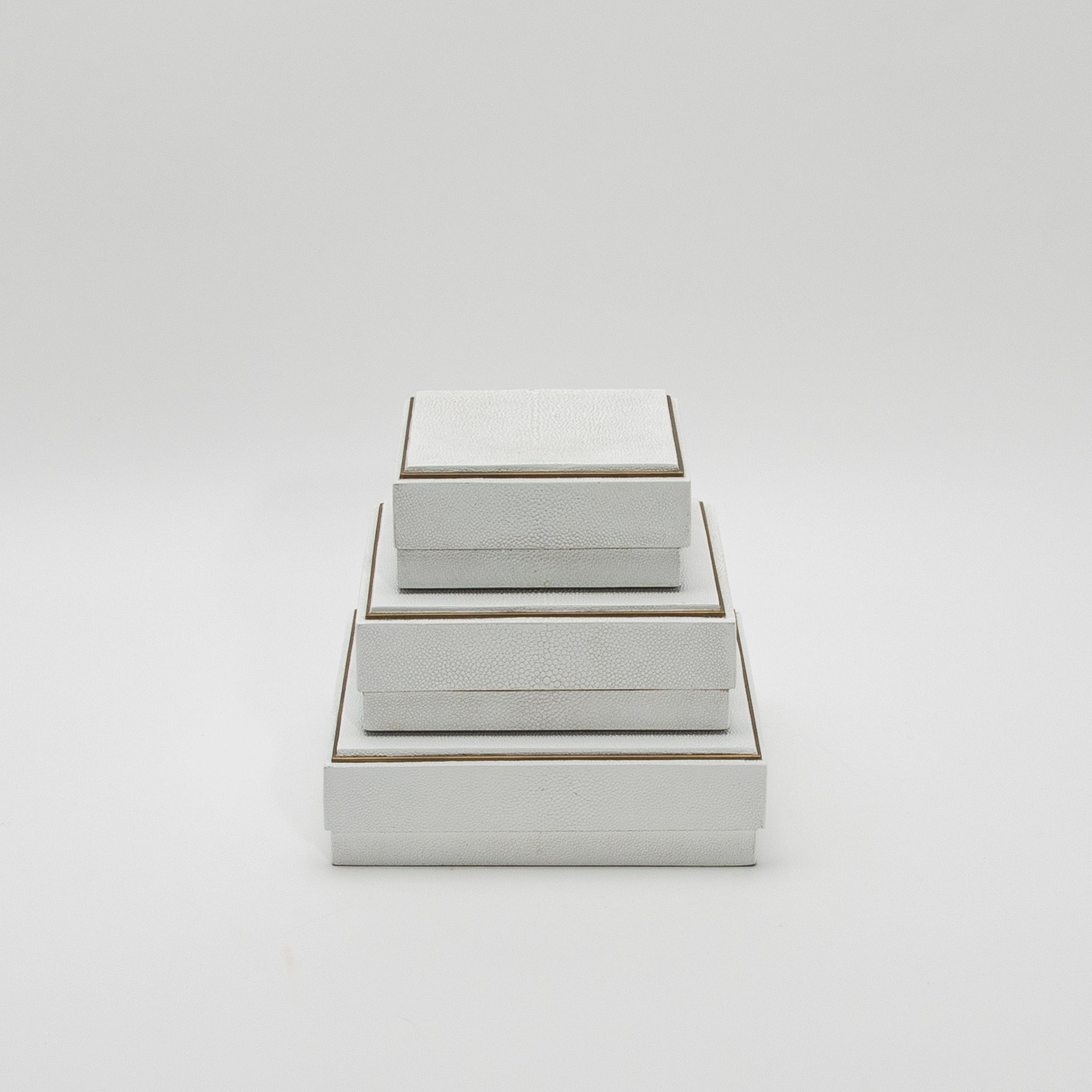 Este juego de tres cajas cuadradas de R&Y Augousti es una clase magistral de artesanía de lujo, que fusiona un diseño elegante con materiales suntuosos. El shagreen blanco texturizado envuelve cada pieza, proporcionando una superficie sofisticada y