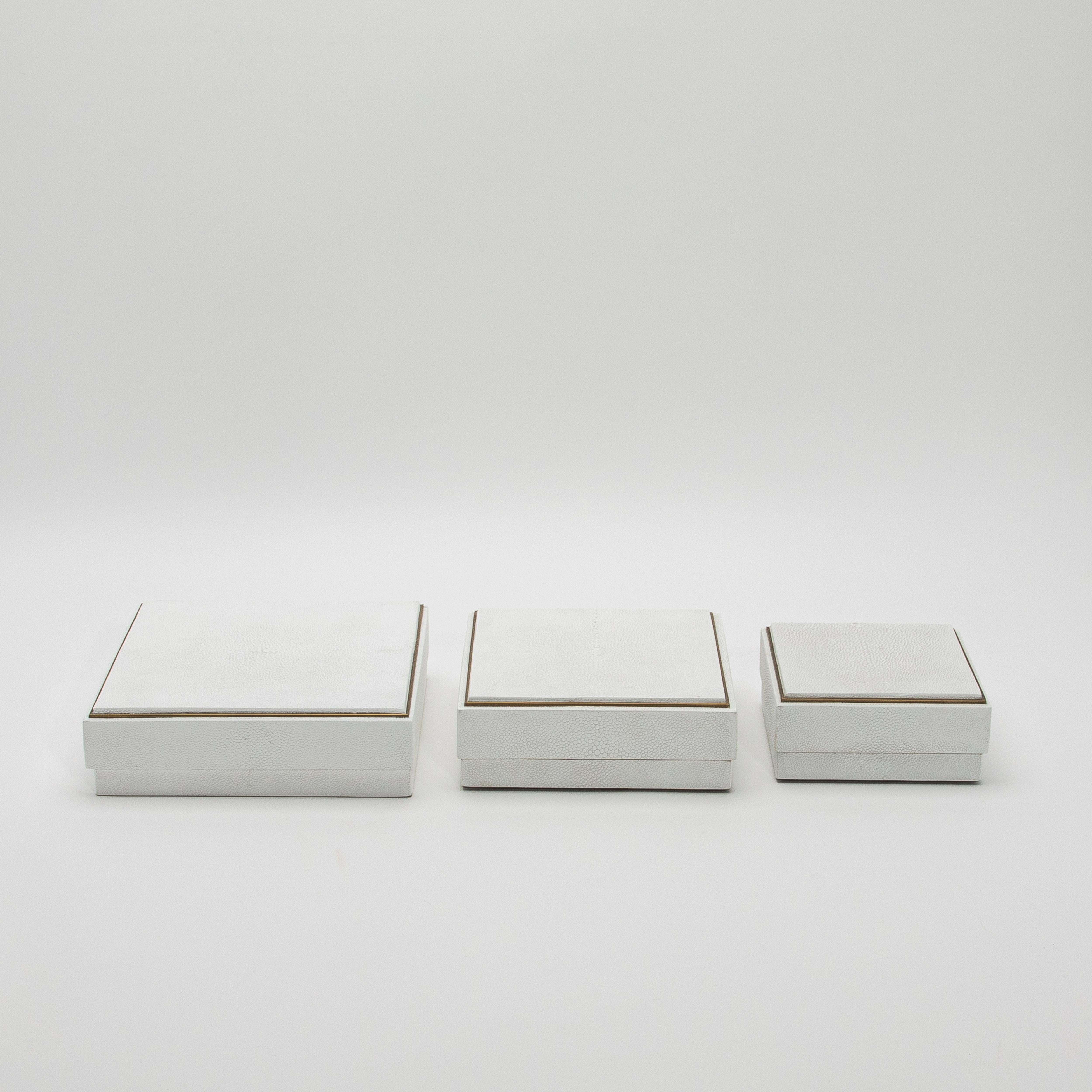 Juego de 3 cajas de piel de zapa blanca con marco de latón by R&Y Augousti Art Decó en venta