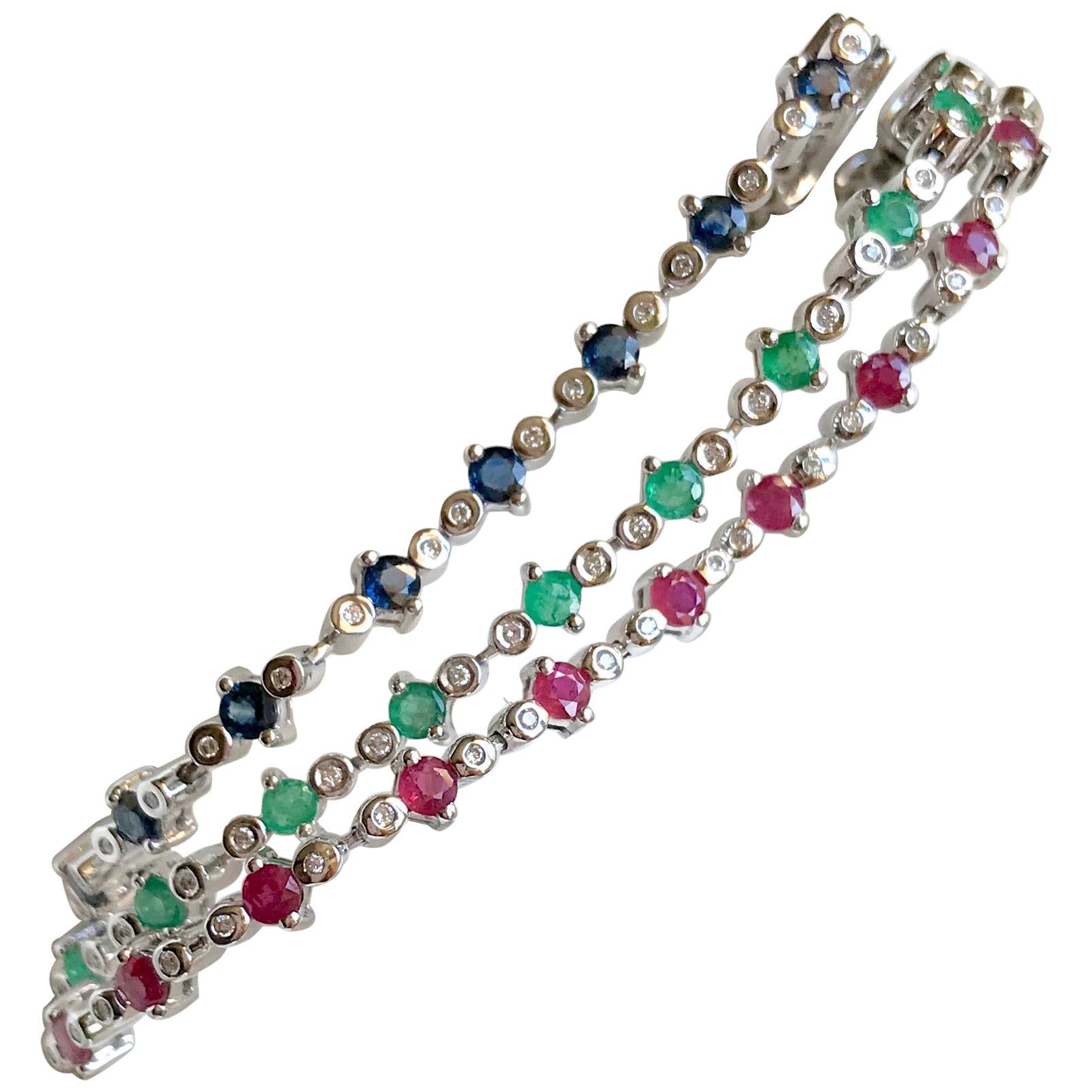 Set of 3 Bracelets in 18 Karat Gold, Rubies, Emeralds, Sapphires and Diamonds For Sale