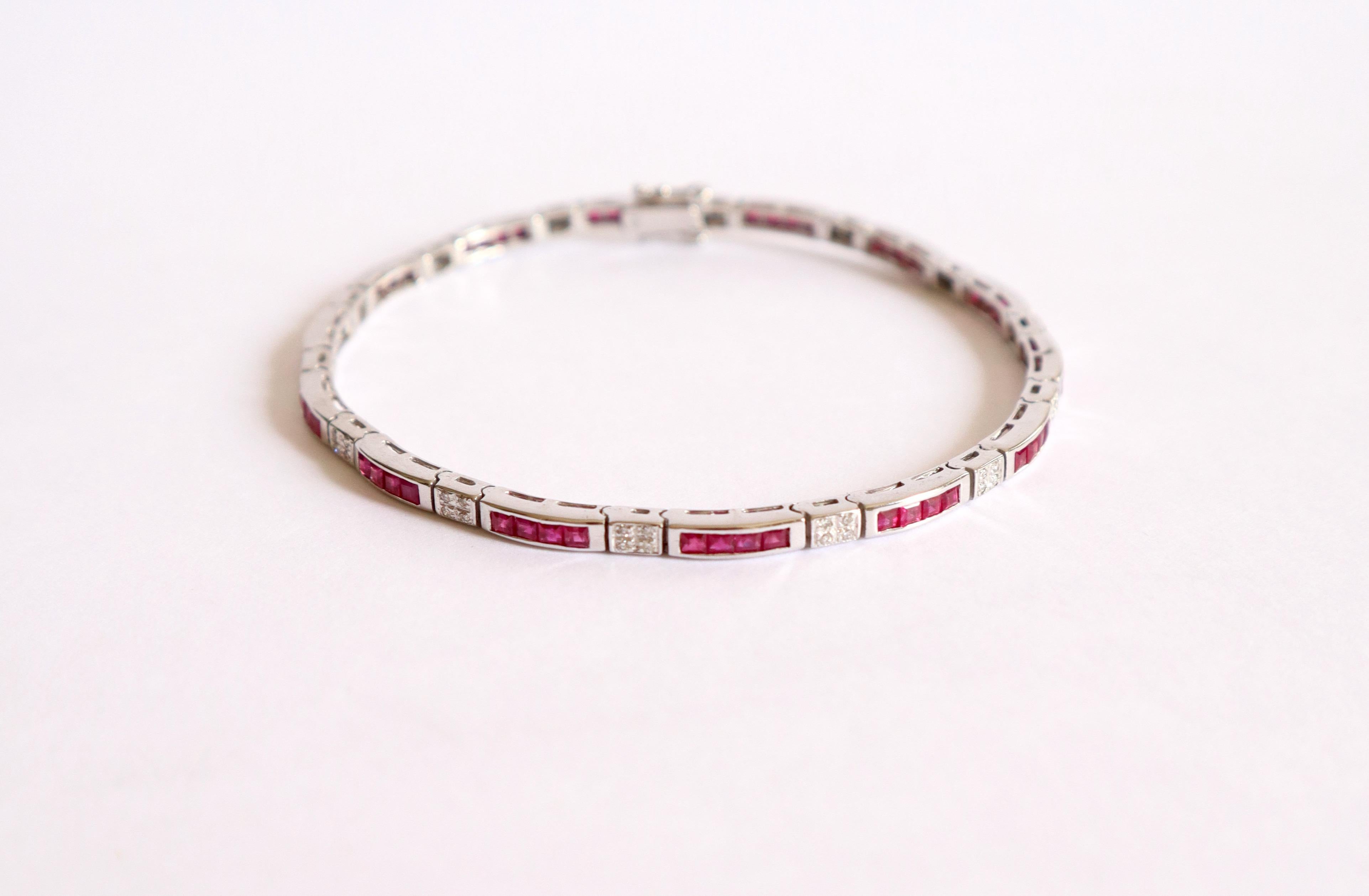 Mixed Cut Set of 3 Bracelets in 18 Kt White Gold, Rubies, Diamonds, Sapphires For Sale