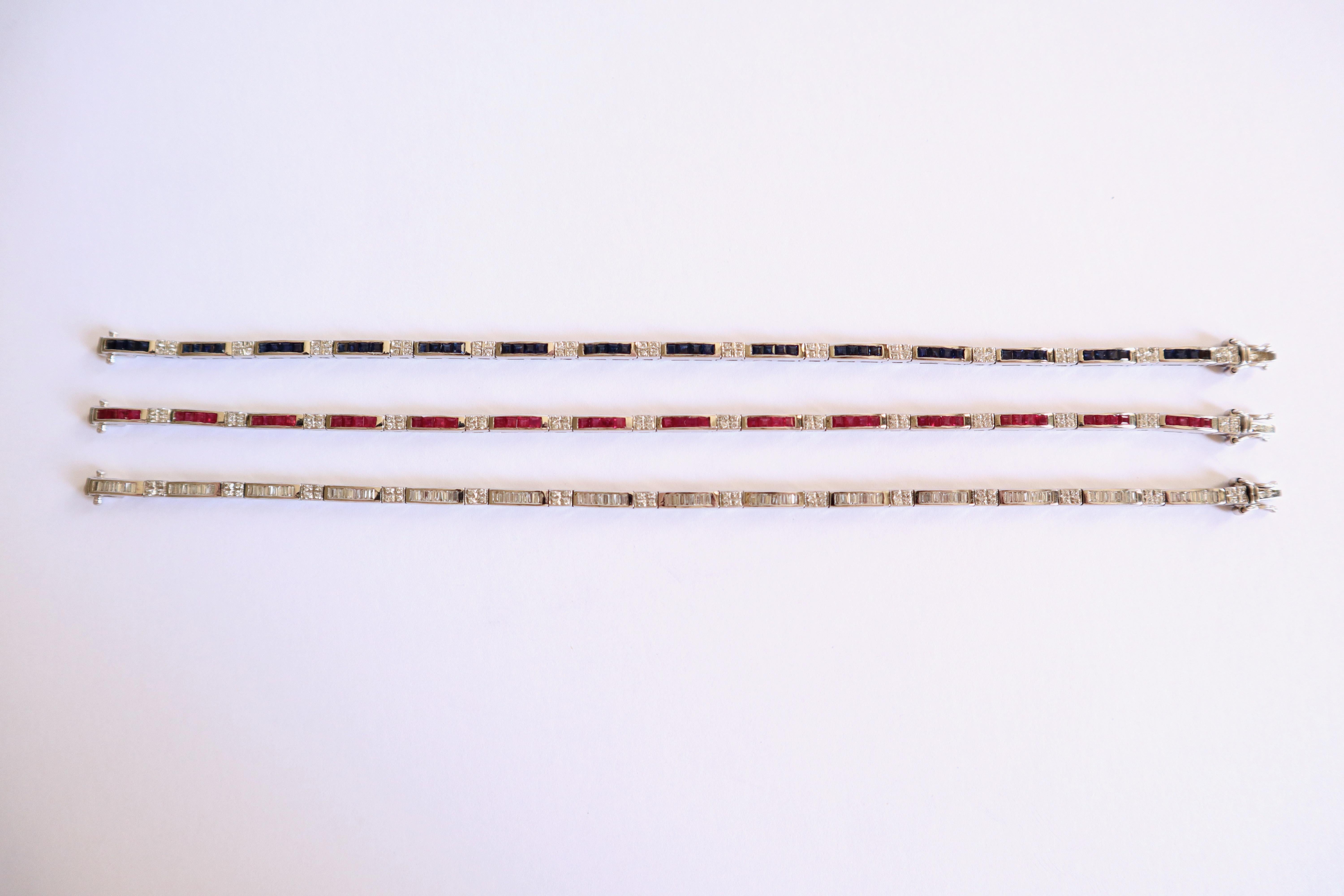 Set of 3 Bracelets in 18 Kt White Gold, Rubies, Diamonds, Sapphires For Sale 1