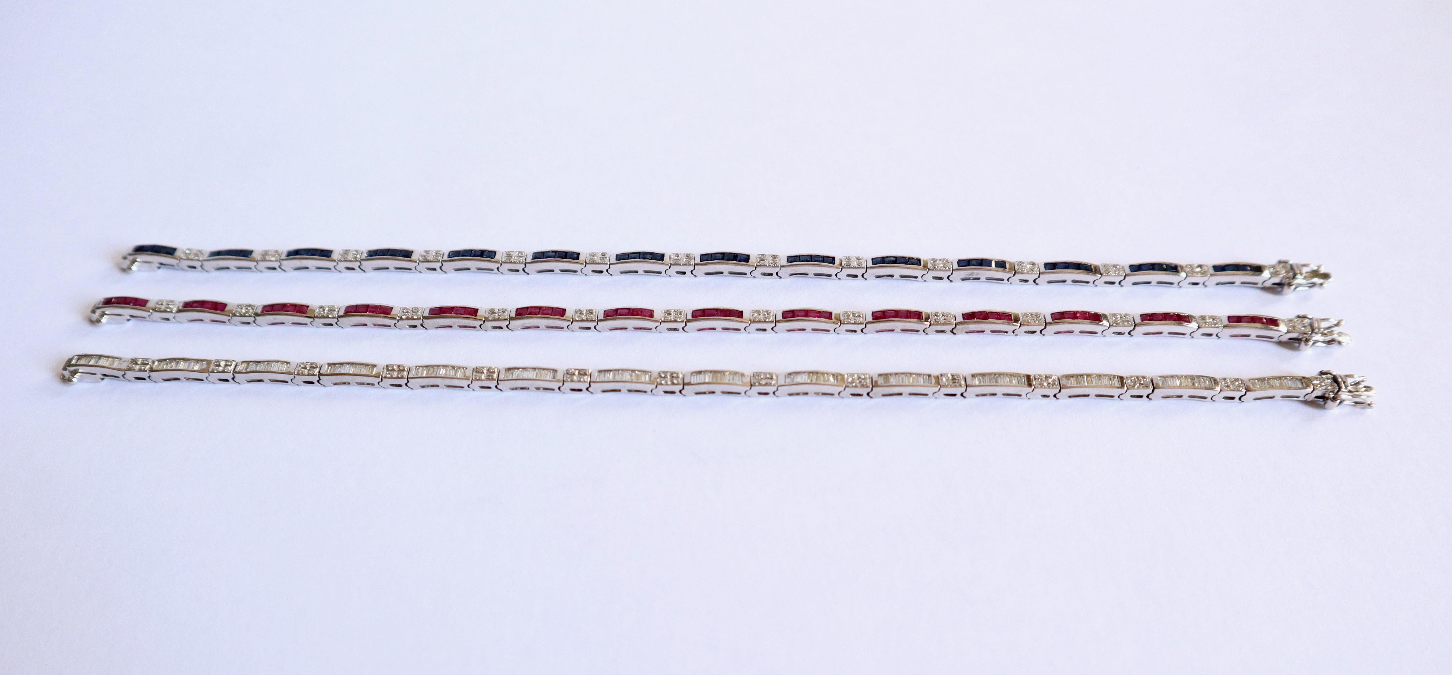 Set of 3 Bracelets in 18 Kt White Gold, Rubies, Diamonds, Sapphires For Sale 2