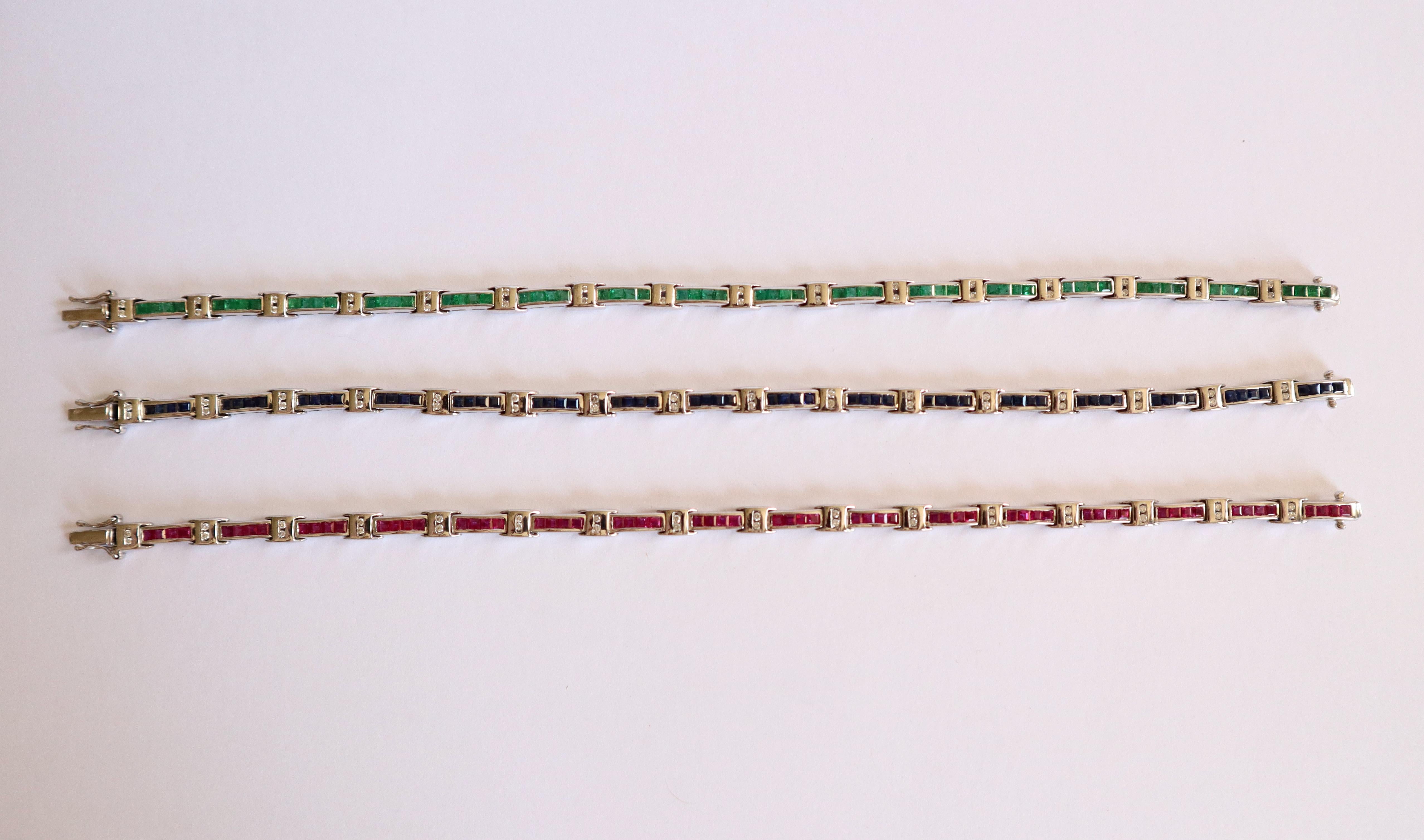 Set of 3 Bracelets in 18 Kt White Gold, Rubies, Emeralds, Sapphires and Diamonds For Sale 1