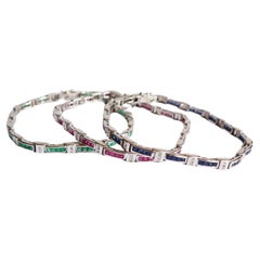 Set of 3 Bracelets in 18 Kt White Gold, Rubies, Emeralds, Sapphires and Diamonds