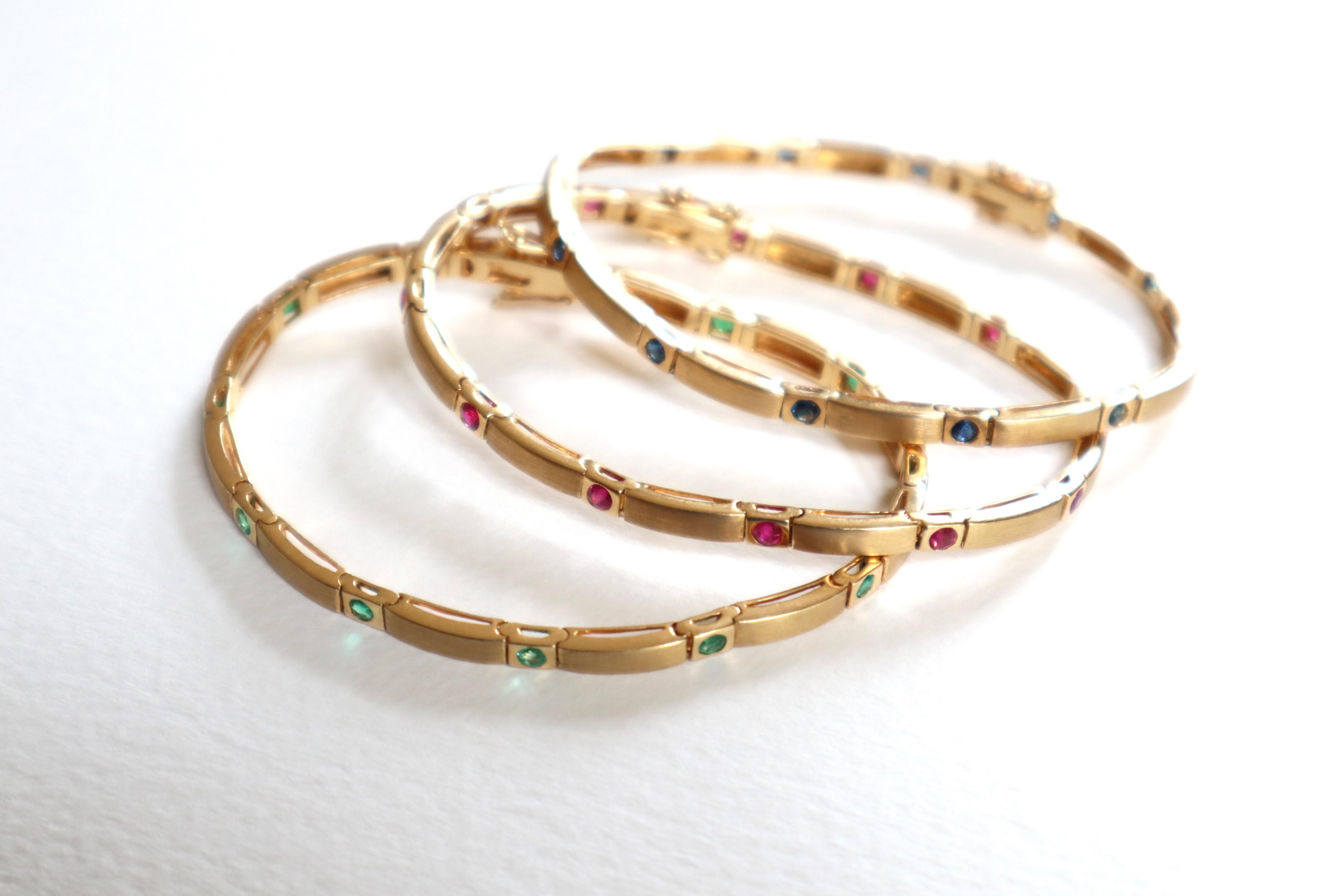 Women's Set of 3 Bracelets in 18 Kt Yellow Satin Gold, Rubies, Emeralds, Sapphires For Sale