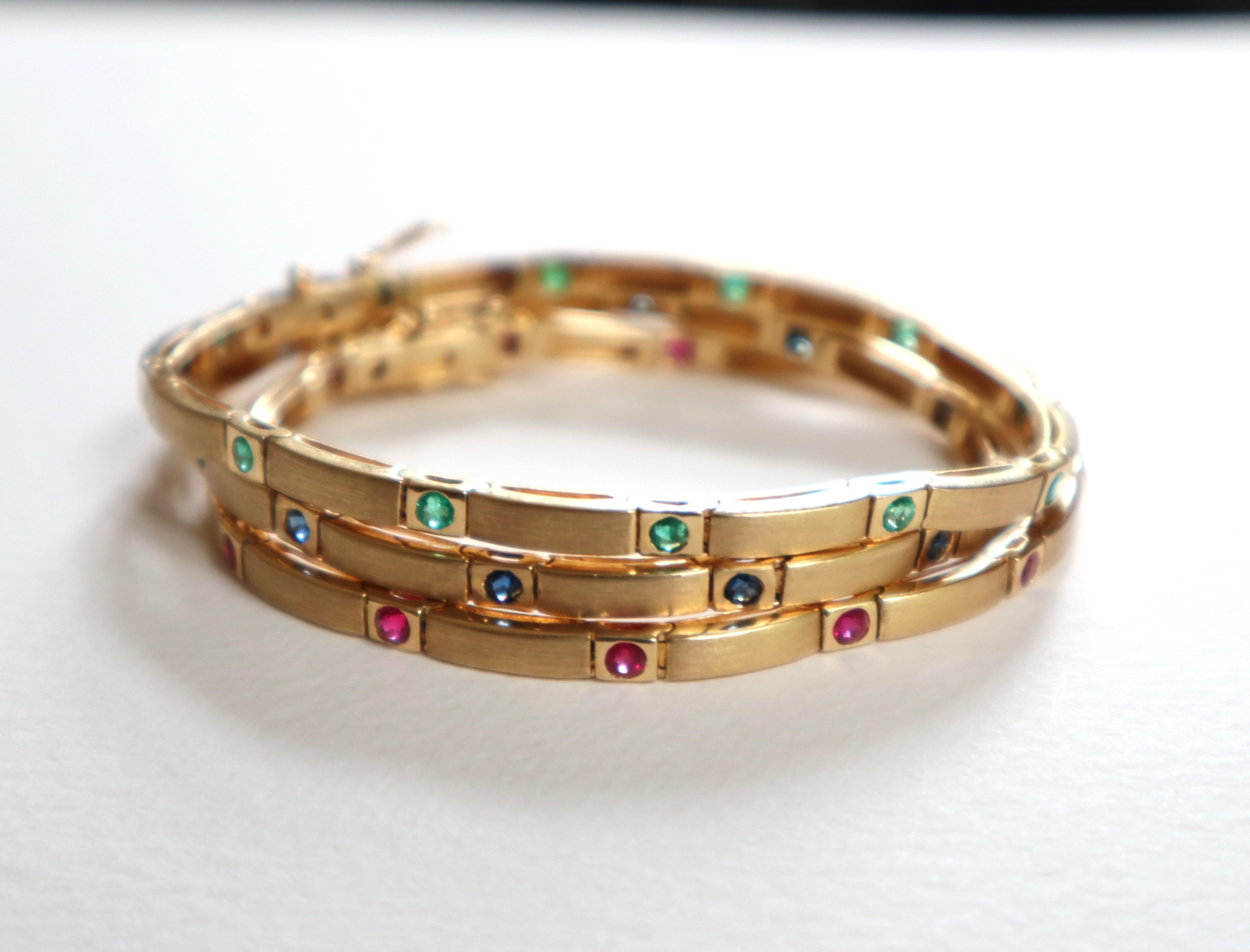 Set of 3 Bracelets in 18 Kt Yellow Satin Gold, Rubies, Emeralds, Sapphires For Sale 1