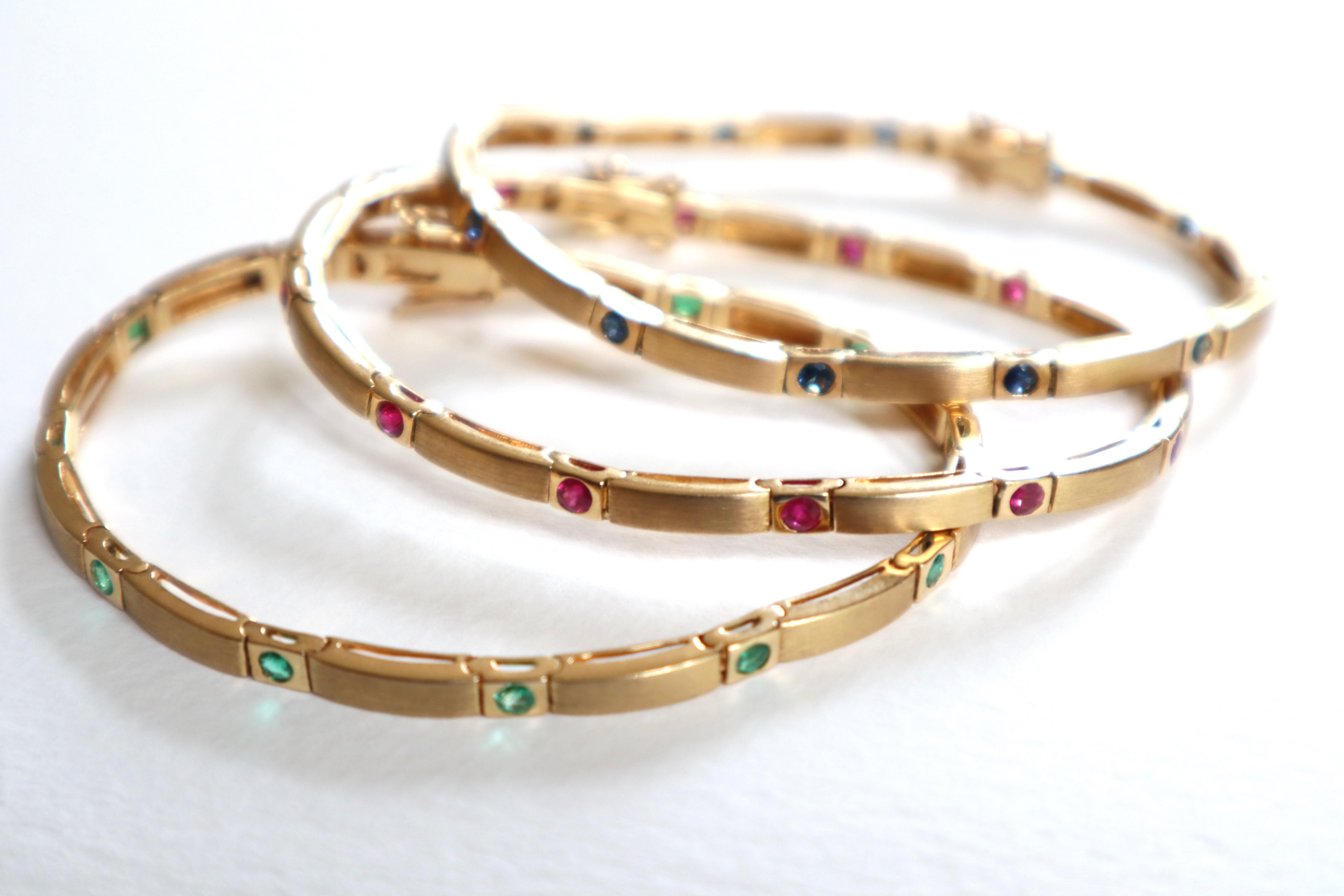 Set of 3 Bracelets in 18 Kt Yellow Satin Gold, Rubies, Emeralds, Sapphires For Sale 2