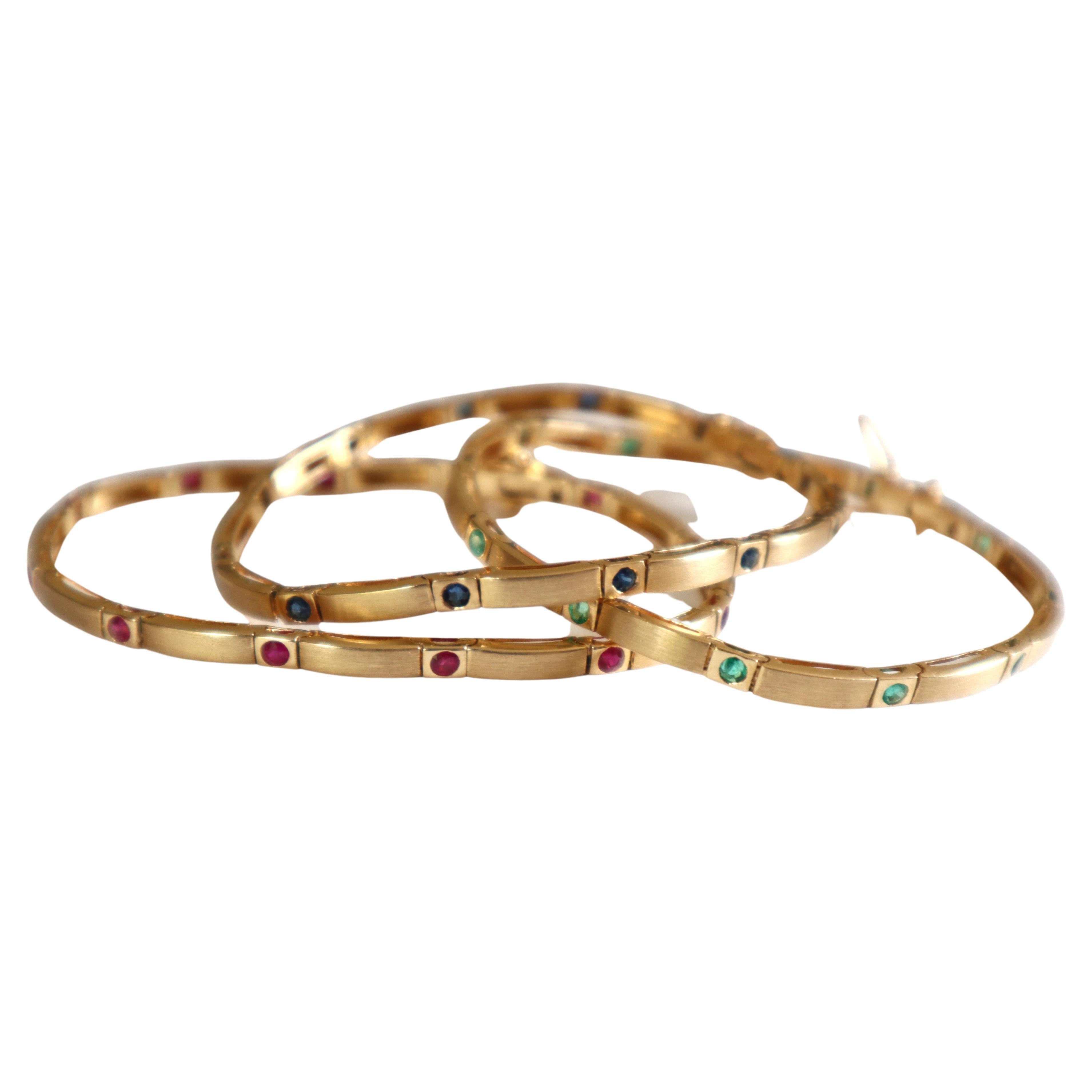 Set of 3 Bracelets in 18 Kt Yellow Satin Gold, Rubies, Emeralds, Sapphires For Sale