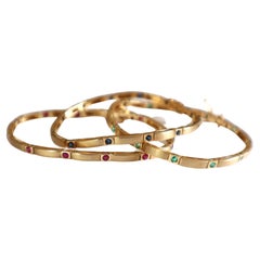 Set of 3 Bracelets in 18 Kt Yellow Satin Gold, Rubies, Emeralds, Sapphires