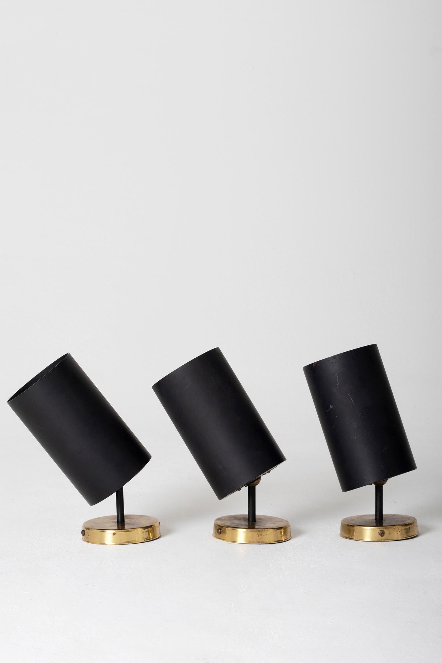 Mid-Century Modern Set of 3 Brass and Black Spot Lights 'or Wall lights' by Parscot Editions
