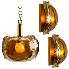 Vintage Set of 3 Brass and Brown Glass Blown Murano Glass Light Fixtures