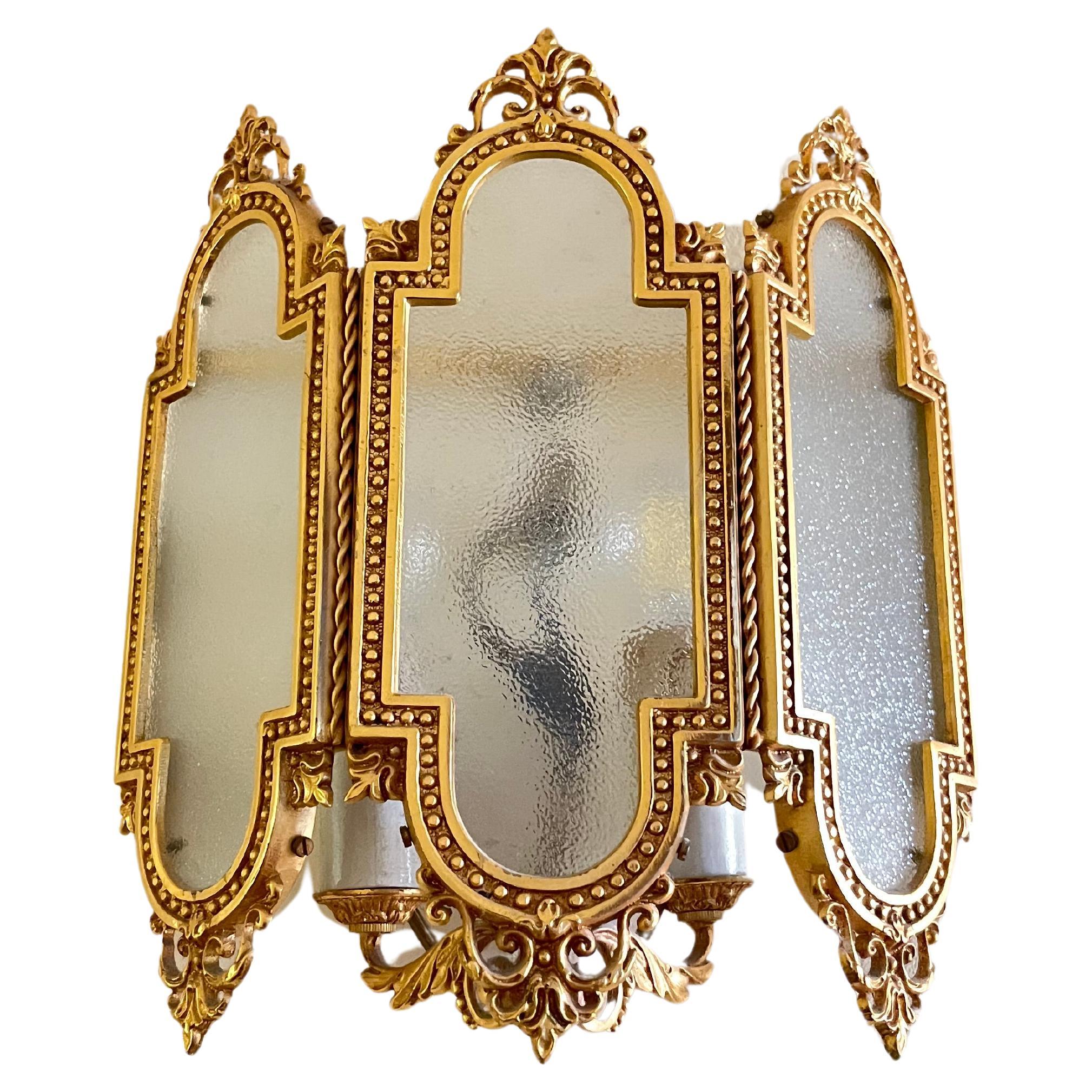 Set di 3 lampade da parete in ottone e vetro, Italia, anni '80