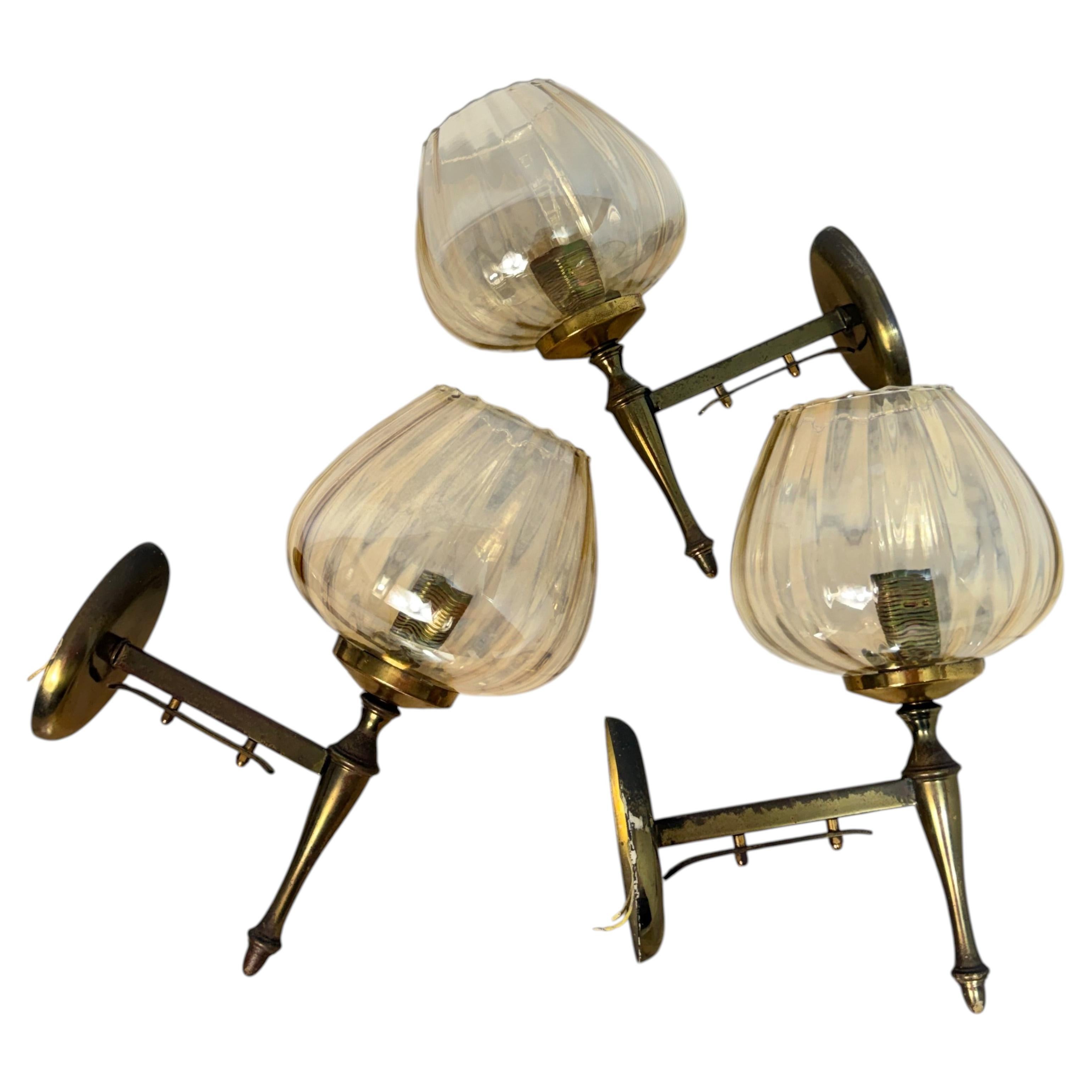 Set of 3 brass and Murano glass wall lamps, 1970
