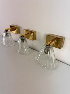 Set of 3 brass and Murano glass Wall Lamps attributed to Barovier & Toso, 1950s