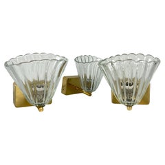 Set of 3 Brass And Murano Glass Wall Lamps attributed to Barovier & Toso, 1950s