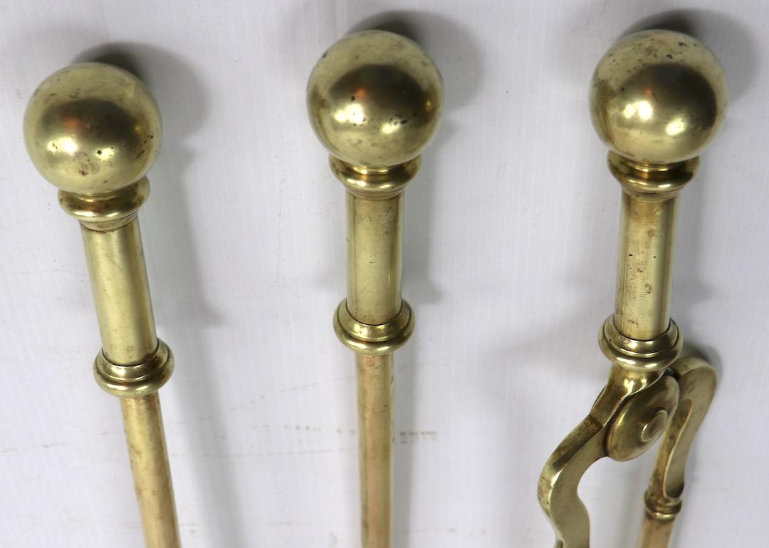 20th Century Set of 3 Brass Ball Top Fireplace Tools