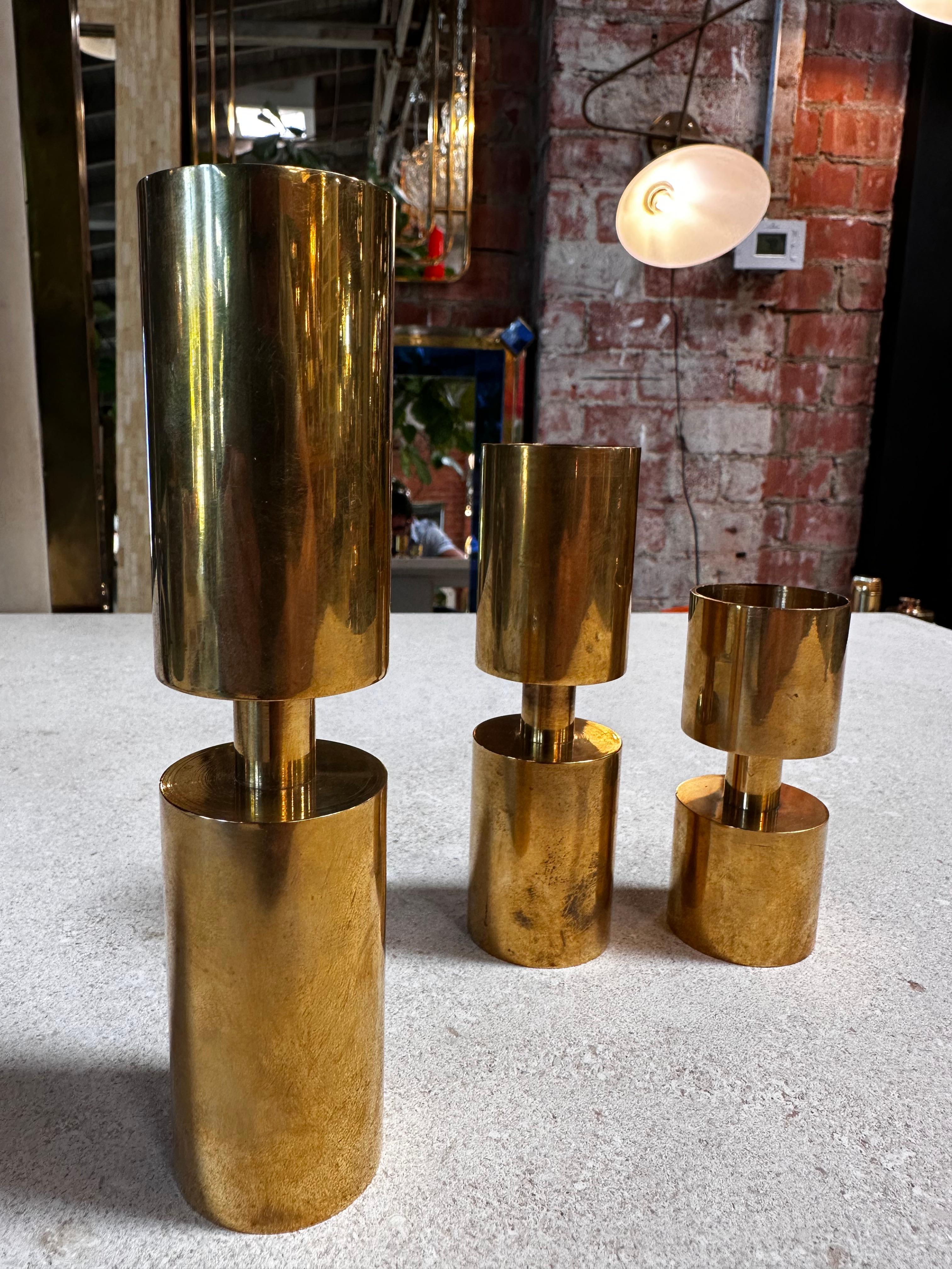 Swedish Set of 3 Brass Candle Holders by Thelma Zoéga for Zoégas Kaffe 1970s