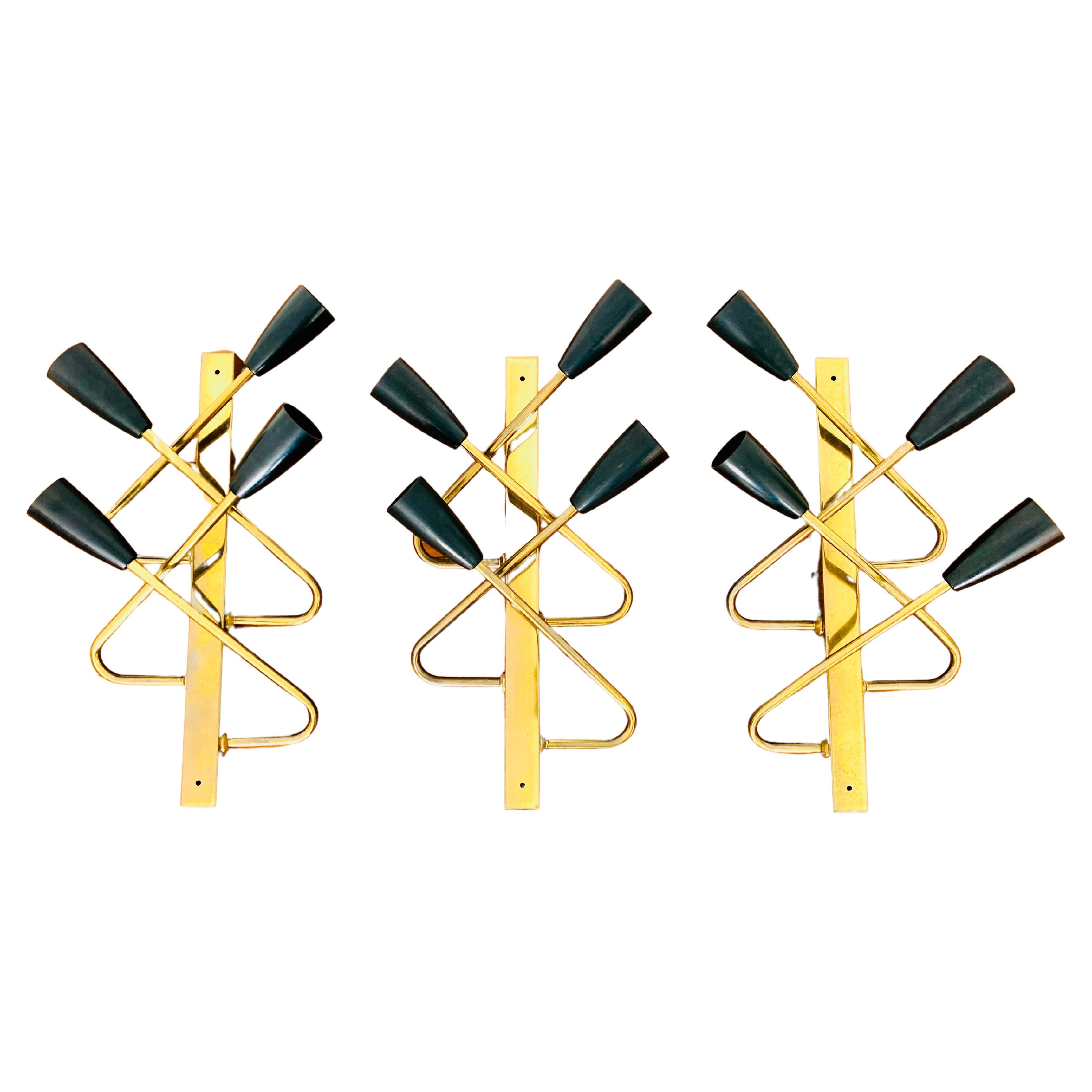 Set of 3 Brass Cinema Wall Lamps For Sale