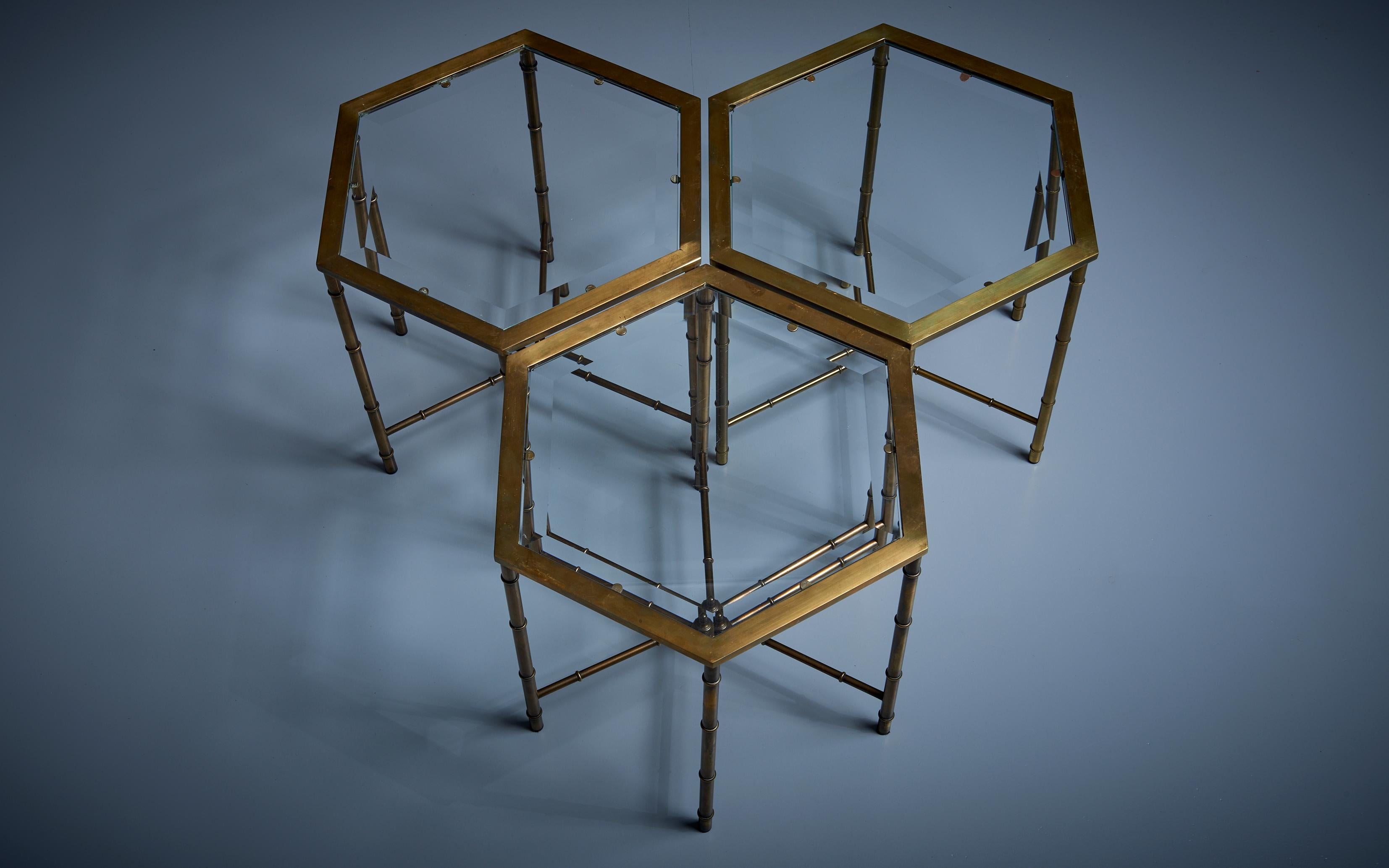 French Set of 3 Brass Faux Bamboo Side Tables Attr. to Maison Bagues For Sale
