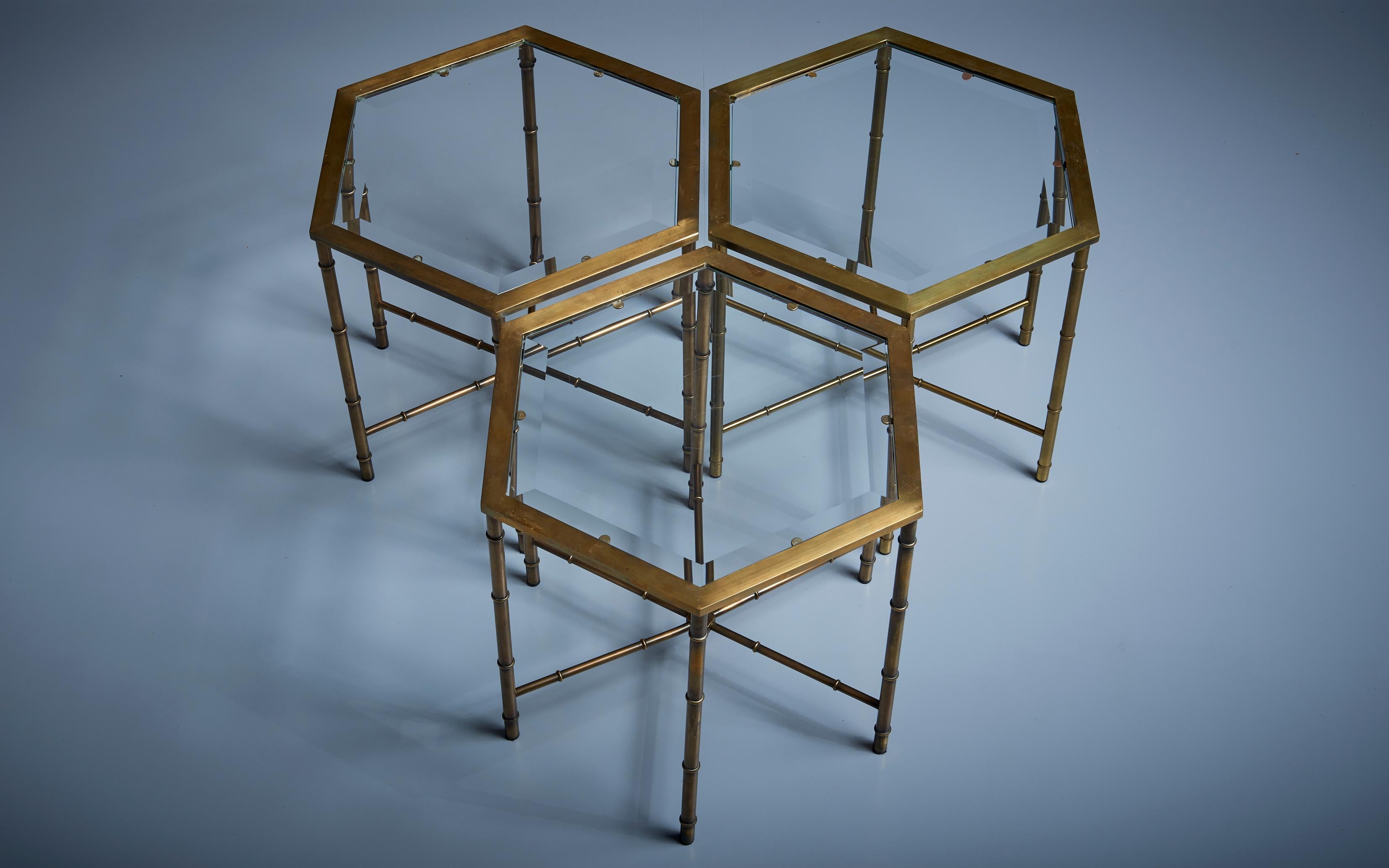 Mid-20th Century Set of 3 Brass Faux Bamboo Side Tables Attr. to Maison Bagues For Sale