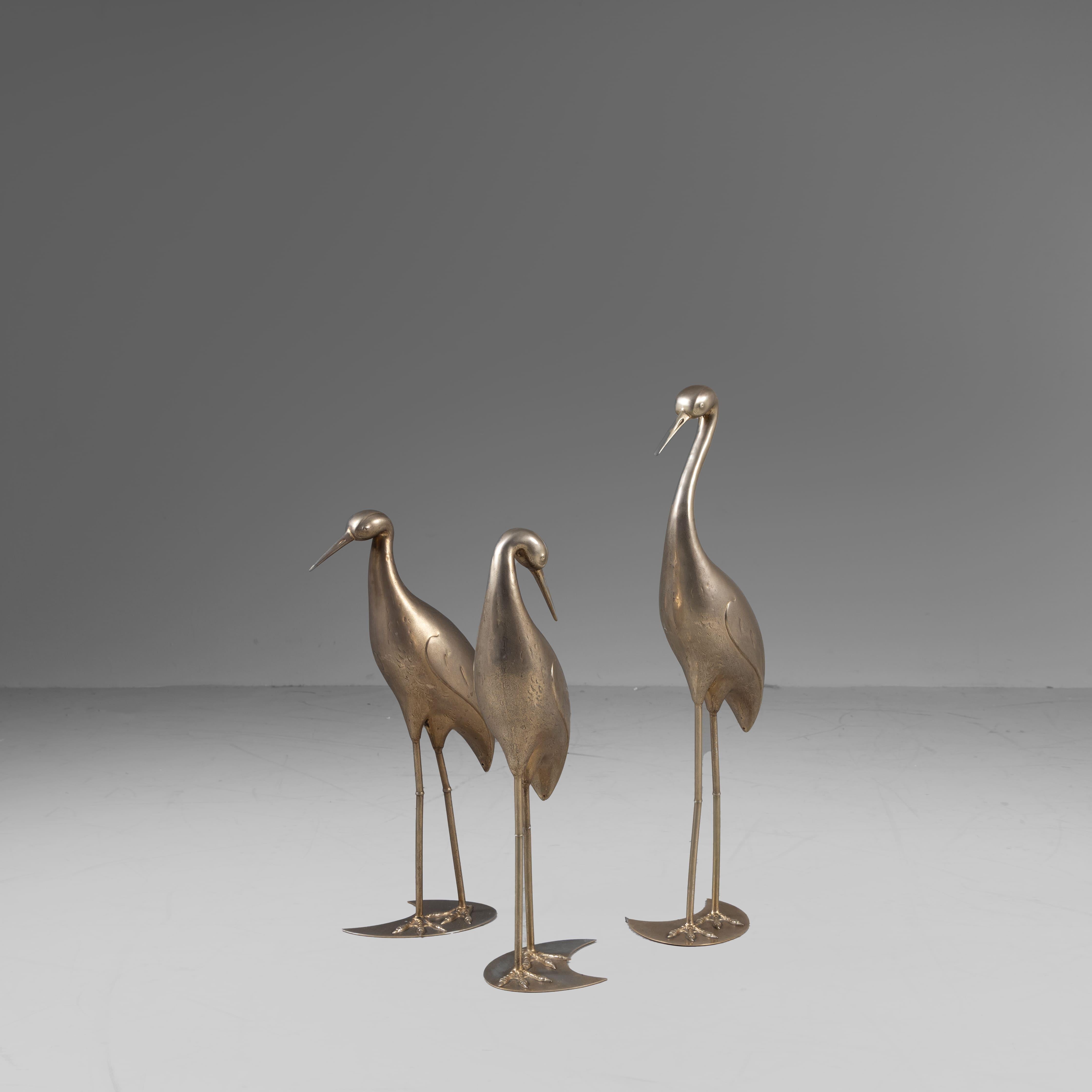 Set of 3 brass flamingo sculptures, 1960. Decorative sculptures made of brass, depicting three flamingos with elegant and slender shapes.

Overall good condition, with patina consistent with age and use.
Provenance: private collection.

