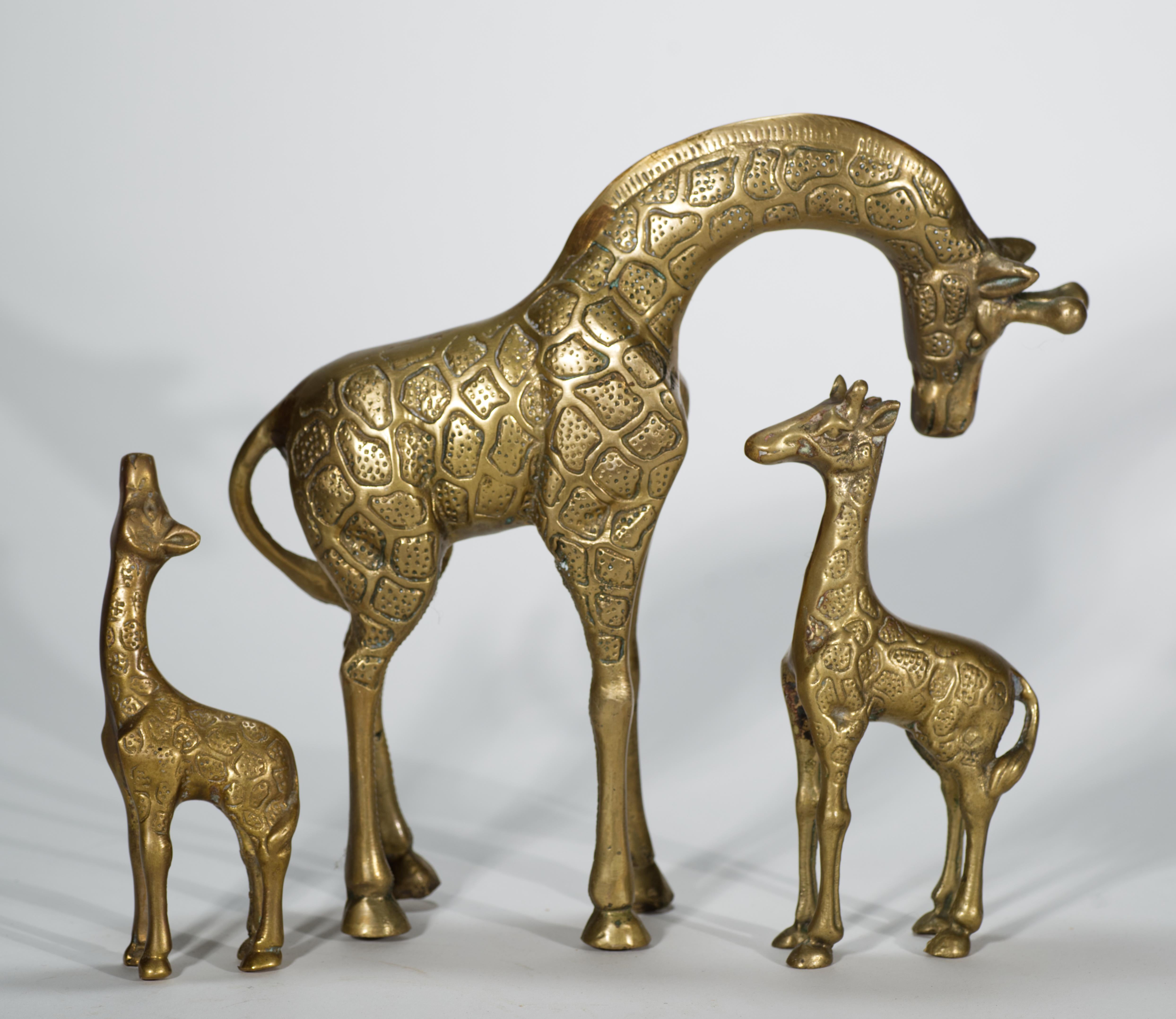 Il set di 3 statuette scultoree d'epoca in ottone presenta una giraffa grande che si china verso 2 giraffe più piccole, raffigurate con la testa alzata. Le statuette altamente dettagliate e strutturate possono essere disposte in vari modi e si