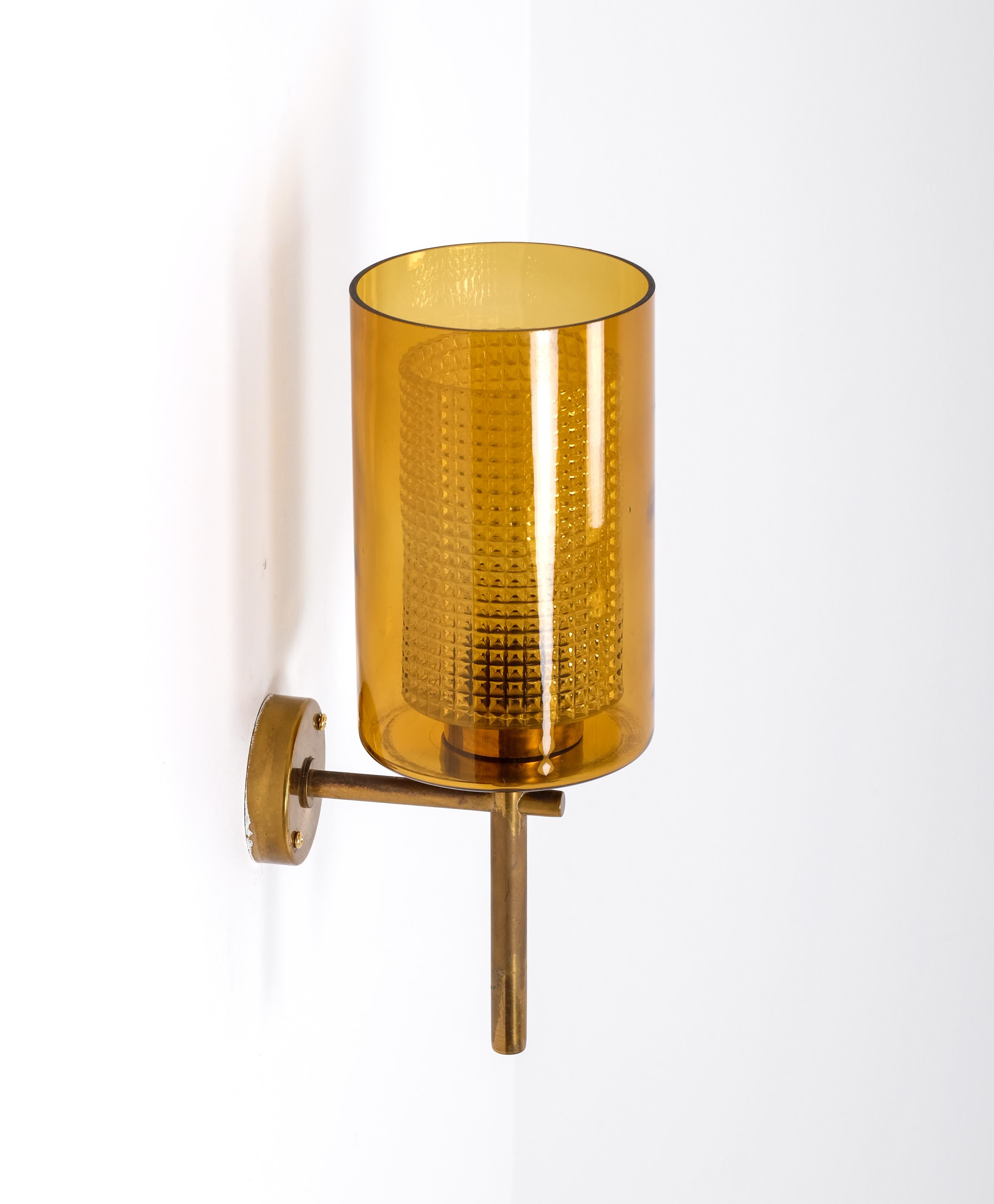 Mid-20th Century Set of 3 Brass & Glass wall lamps, Sweden, 1950s For Sale