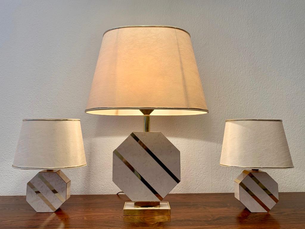 Late 20th Century Set of 3 Brass & Lacquered Wood Octogonal Base Table Lamps, ca. 1970s For Sale