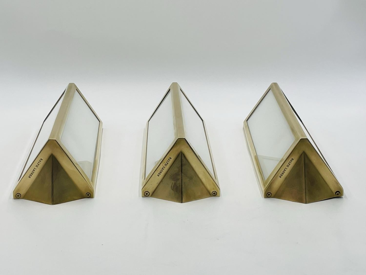 Contemporary Set of 3 Brass & Milk Glass Sconces by Ralph Lauren
