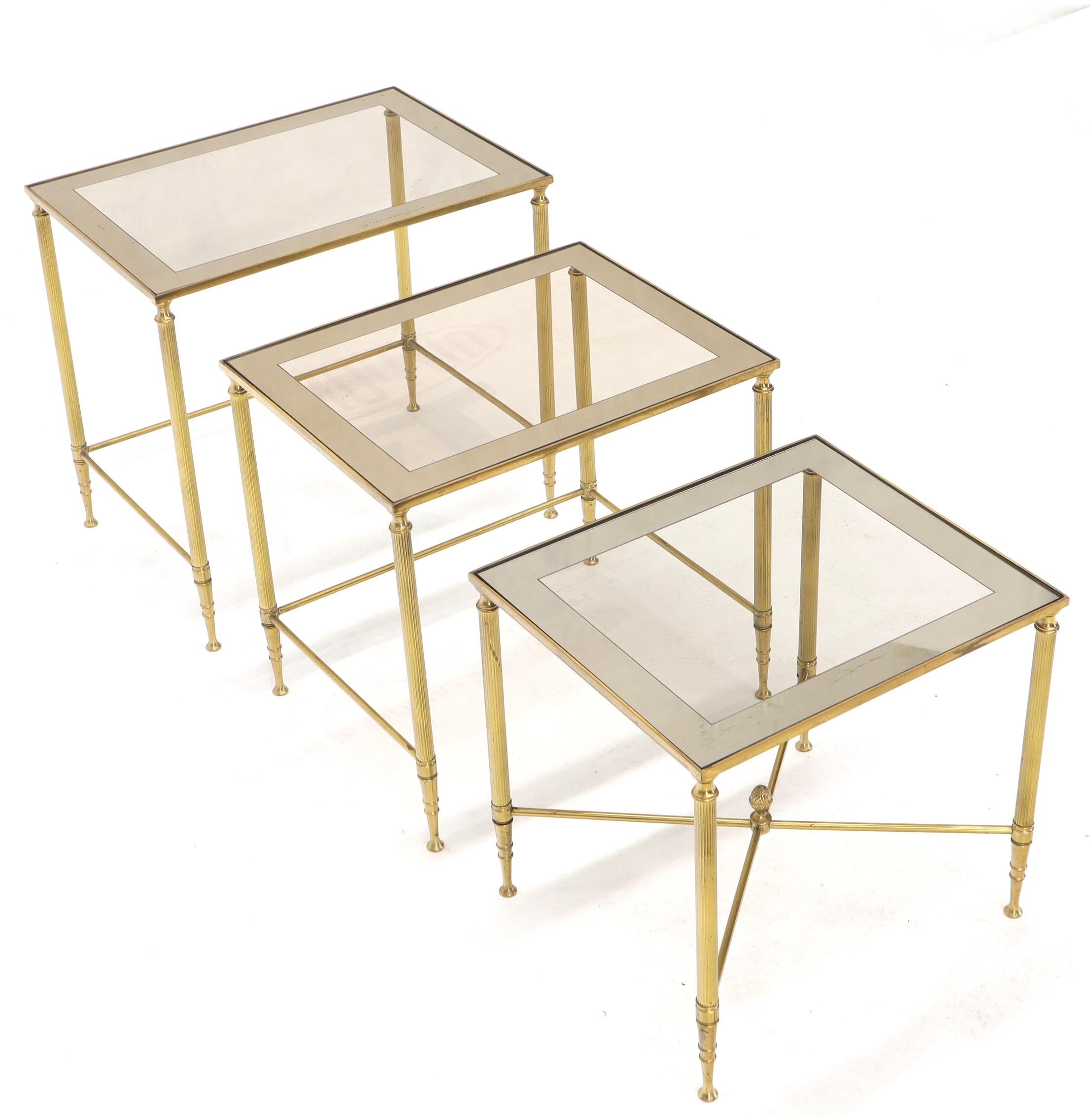 Italian Set of 3 Brass Mirrored Border Glass Tops Nesting Stacking Tables For Sale